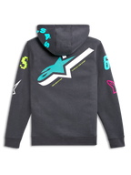 Alpinestars Variegate Hoodie, Rückansicht, Gunmetal-Grau mit großem blaugrünem und weißem Stern-Logo, lebhafte mehrfarbige Grafik-Logos an Ärmeln und Kapuze, lässige vom Motorsport inspirierte Streetwear