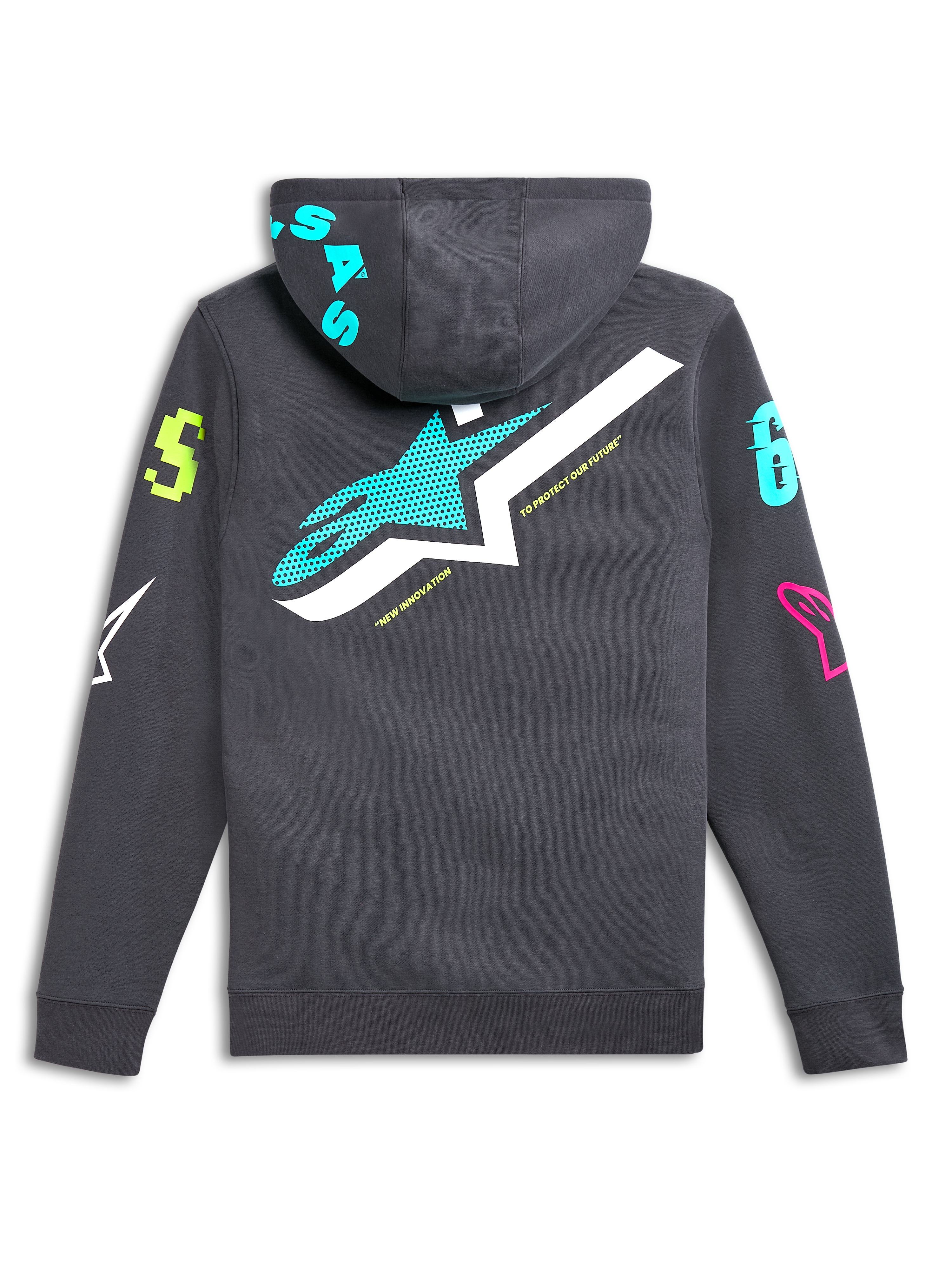 Alpinestars Variegate Hoodie, Rückansicht, Gunmetal-Grau mit großem blaugrünem und weißem Stern-Logo, lebhafte mehrfarbige Grafik-Logos an Ärmeln und Kapuze, lässige vom Motorsport inspirierte Streetwear