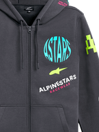 Alpinestars Variegate Hoodie, Fleece-Hoodie mit Reißverschluss vorne, Gunmetal-Grau mit mehrfarbigen Logo-Grafiken, hellblauer ASTARS-Kreis, limettengrüne Akzente und pinkfarbener Schriftzug, lässige Motorsport-Streetwear