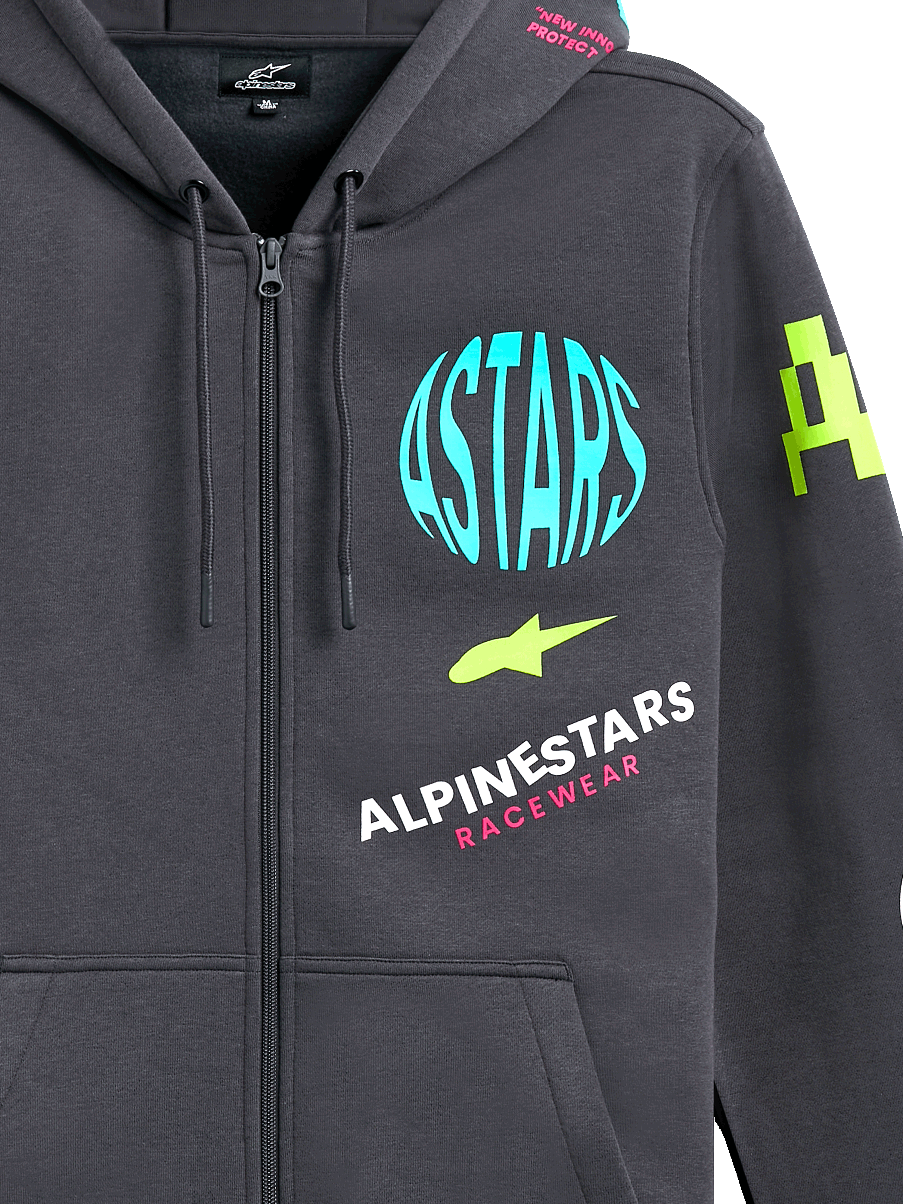Alpinestars Variegate Hoodie, Fleece-Hoodie mit Reißverschluss vorne, Gunmetal-Grau mit mehrfarbigen Logo-Grafiken, hellblauer ASTARS-Kreis, limettengrüne Akzente und pinkfarbener Schriftzug, lässige Motorsport-Streetwear