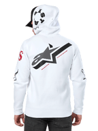 Alpinestars Variegate Hoodie, Weiß, Rückansicht mit großem schwarzem Stern-Logo und rotem Text, Multi-Logo-Grafiken an den Ärmeln und der Kapuze, lässige Motorsport-Streetwear