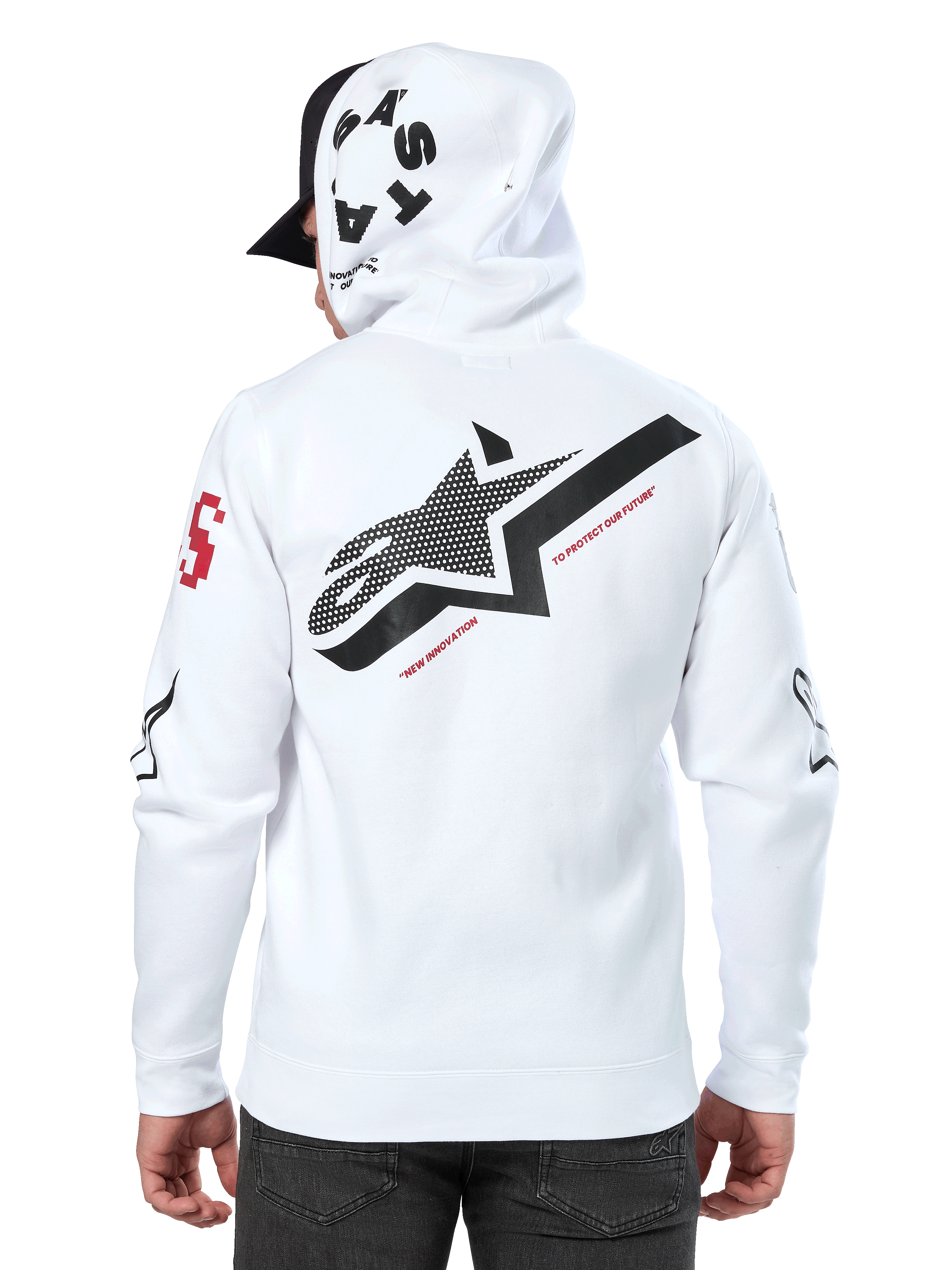 Alpinestars Variegate Hoodie, Weiß, Rückansicht mit großem schwarzem Stern-Logo und rotem Text, Multi-Logo-Grafiken an den Ärmeln und der Kapuze, lässige Motorsport-Streetwear