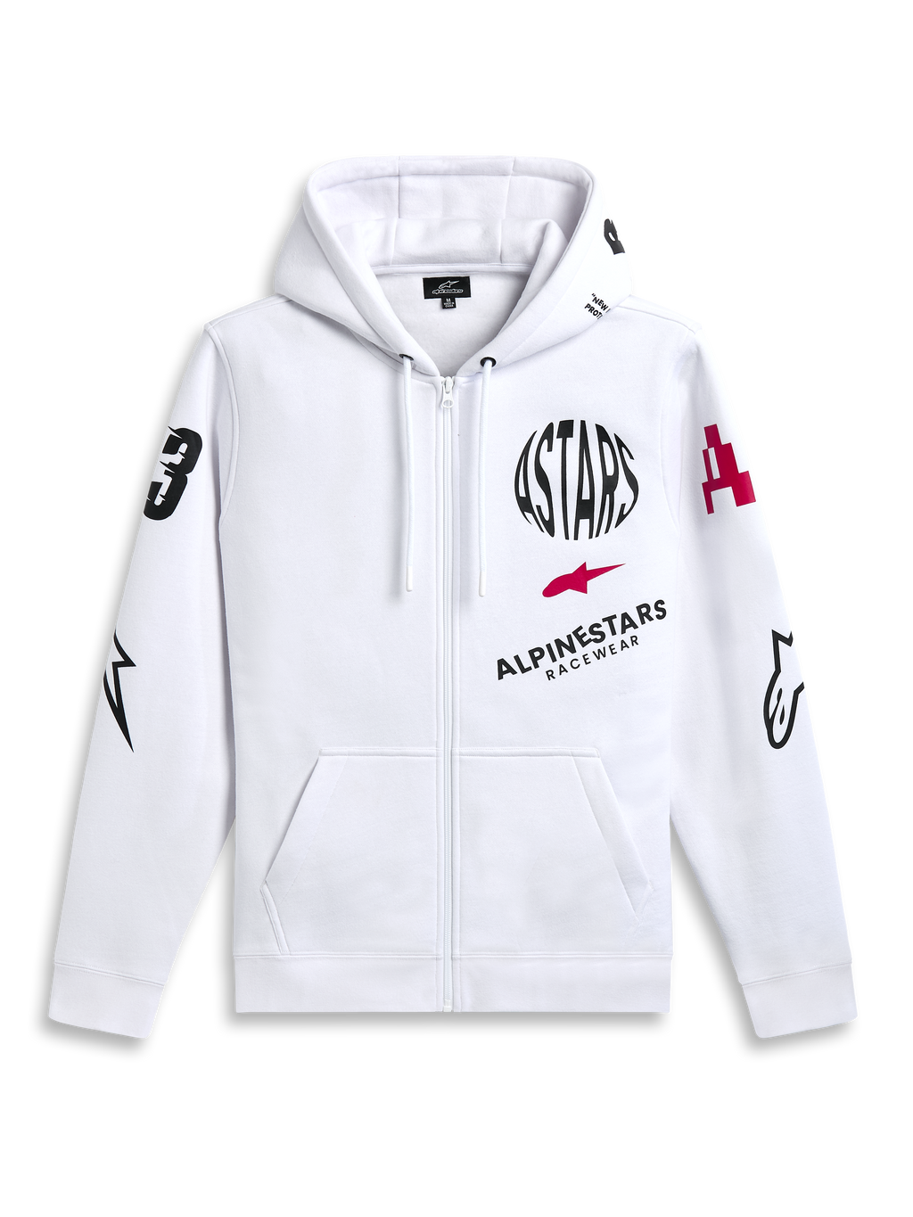 Alpinestars Variegate Hoodie, Fleece-Hoodie mit Reißverschluss, Weiß, Multi-Logo-Design mit schwarzem kreisförmigem ASTARS-Schriftzug und rotem Stern-Logo auf der Brust, Grafiken an den Ärmeln, Kängurutaschen und Kapuze mit Kordelzug, lässige Motorsport-Streetwear