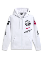 Alpinestars Variegate Hoodie, Fleece-Hoodie mit Reißverschluss, Weiß, Multi-Logo-Design mit schwarzem kreisförmigem ASTARS-Schriftzug und rotem Stern-Logo auf der Brust, Grafiken an den Ärmeln, Kängurutaschen und Kapuze mit Kordelzug, lässige Motorsport-Streetwear