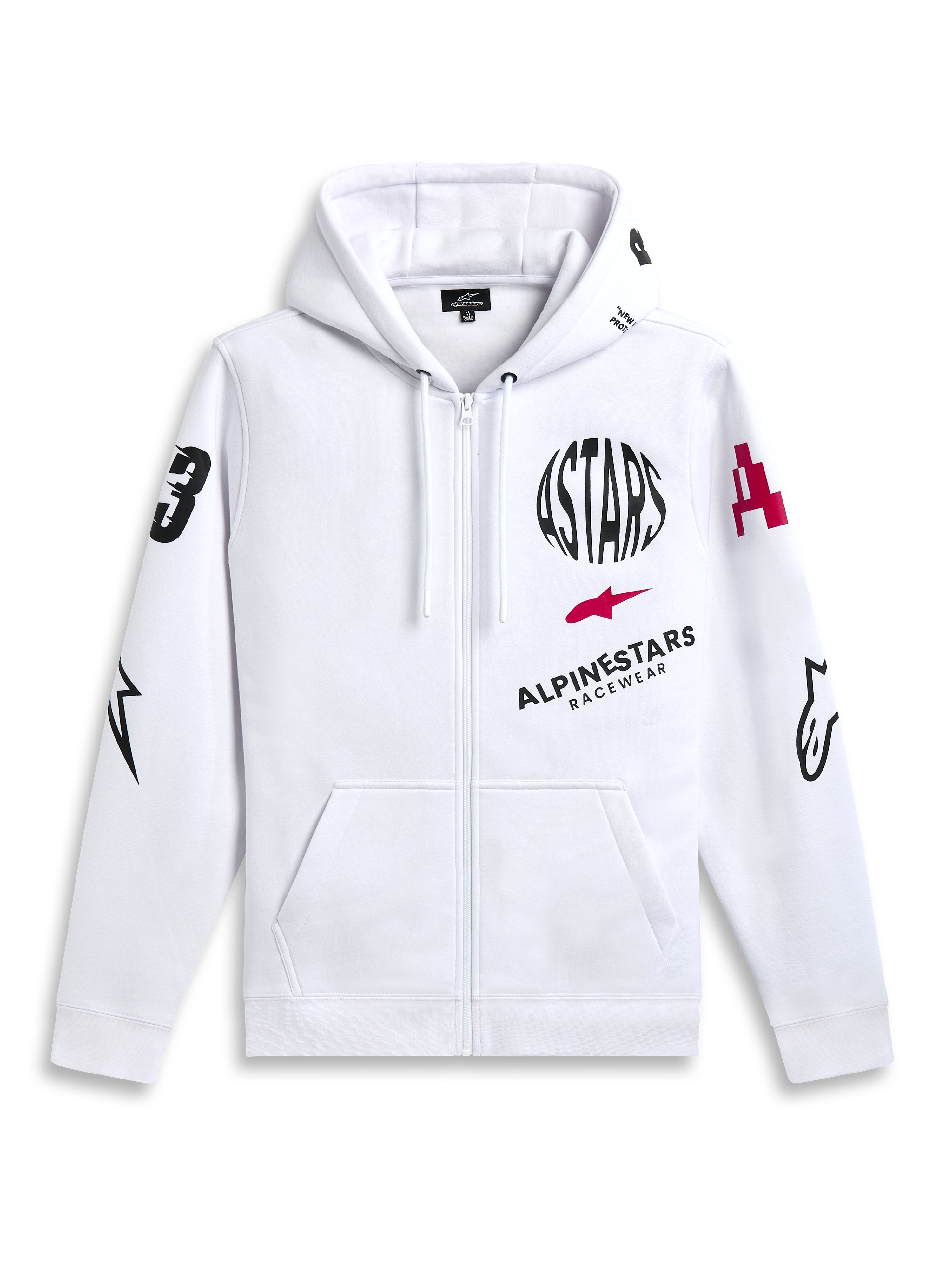 Alpinestars Variegate Hoodie, Fleece-Hoodie mit Reißverschluss, Weiß, Multi-Logo-Design mit schwarzem kreisförmigem ASTARS-Schriftzug und rotem Stern-Logo auf der Brust, Grafiken an den Ärmeln, Kängurutaschen und Kapuze mit Kordelzug, lässige Motorsport-Streetwear
