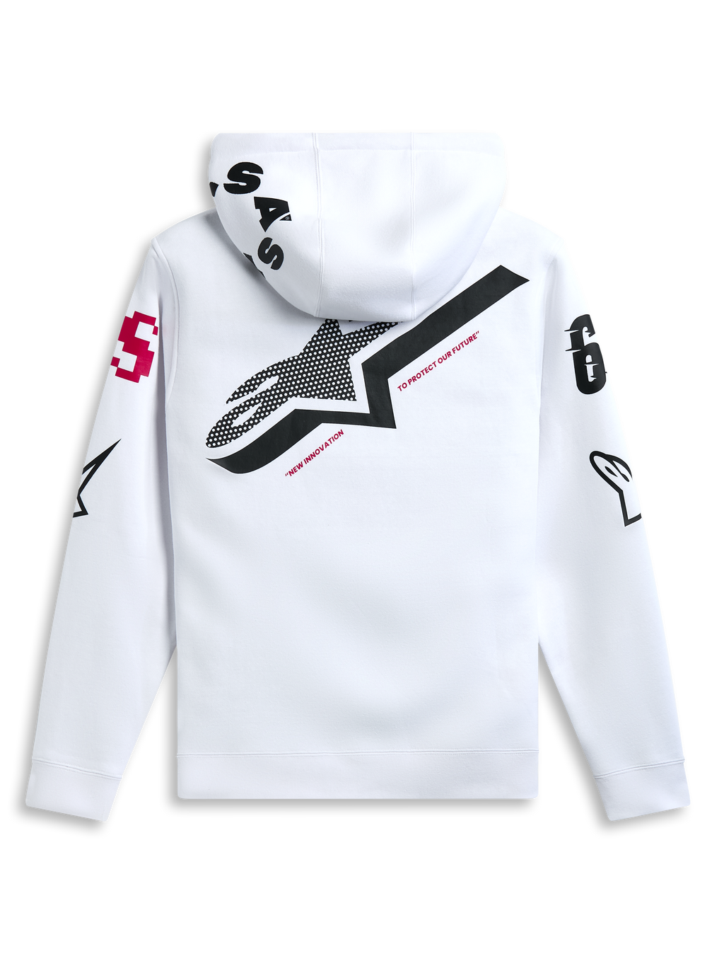 Alpinestars Variegate Hoodie, Weiß, Rückansicht mit großem schwarzem Stern-Logo und rotem „New Innovation“-Schriftzug, Multi-Logo-Grafiken auf Ärmeln und Kapuze, lässige Motorsport-inspirierte Streetwear