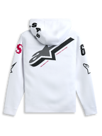 Alpinestars Variegate Hoodie, Weiß, Rückansicht mit großem schwarzem Stern-Logo und rotem „New Innovation“-Schriftzug, Multi-Logo-Grafiken auf Ärmeln und Kapuze, lässige Motorsport-inspirierte Streetwear