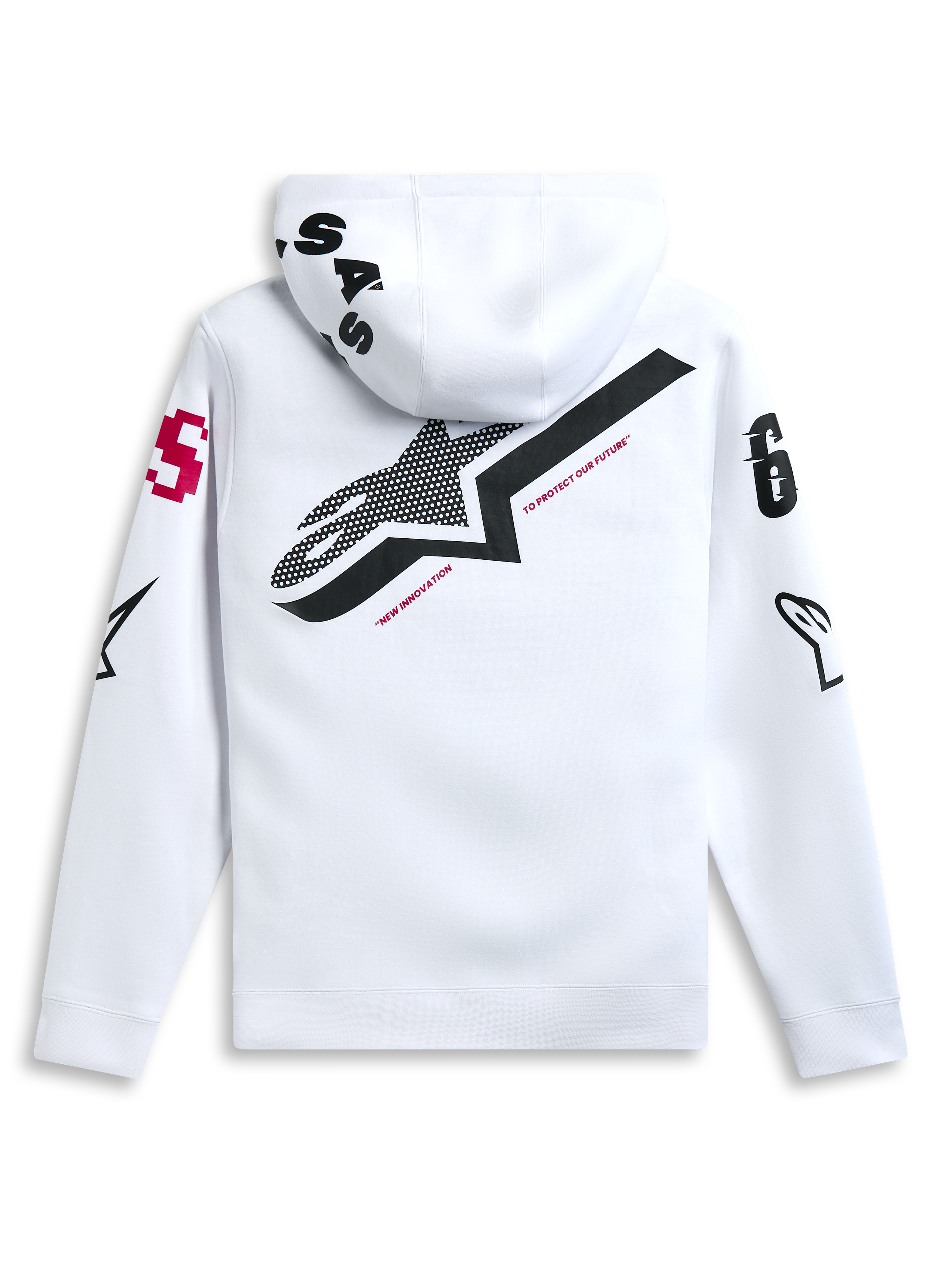 Alpinestars Variegate Hoodie, Weiß, Rückansicht mit großem schwarzem Stern-Logo und rotem „New Innovation“-Schriftzug, Multi-Logo-Grafiken auf Ärmeln und Kapuze, lässige Motorsport-inspirierte Streetwear