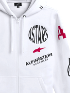 Alpinestars Variegate Hoodie, weißer Fleece-Hoodie mit Reißverschluss vorne, kreisförmiges schwarzes ASTARS-Logo, rotes Stern-Symbol und Alpinestars Racewear-Branding auf der Brust, lässige Motorsport-Streetwear