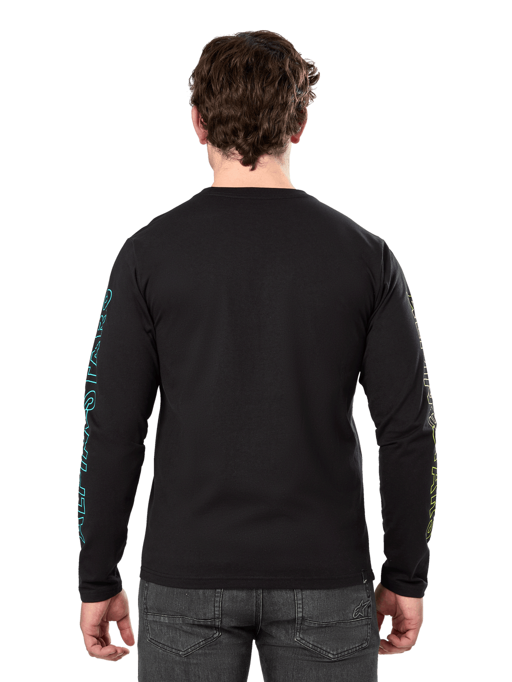 Alpinestars Ayess Csf Tee, Langarm-T-Shirt, Schwarz, Rückansicht mit blauen und gelben Grafikdrucken auf den Ärmeln, lässige Motorsport-Streetwear