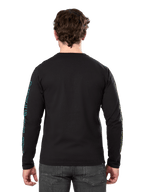 Alpinestars Ayess Csf Tee, Langarm-T-Shirt, Schwarz, Rückansicht mit blauen und gelben Grafikdrucken auf den Ärmeln, lässige Motorsport-Streetwear