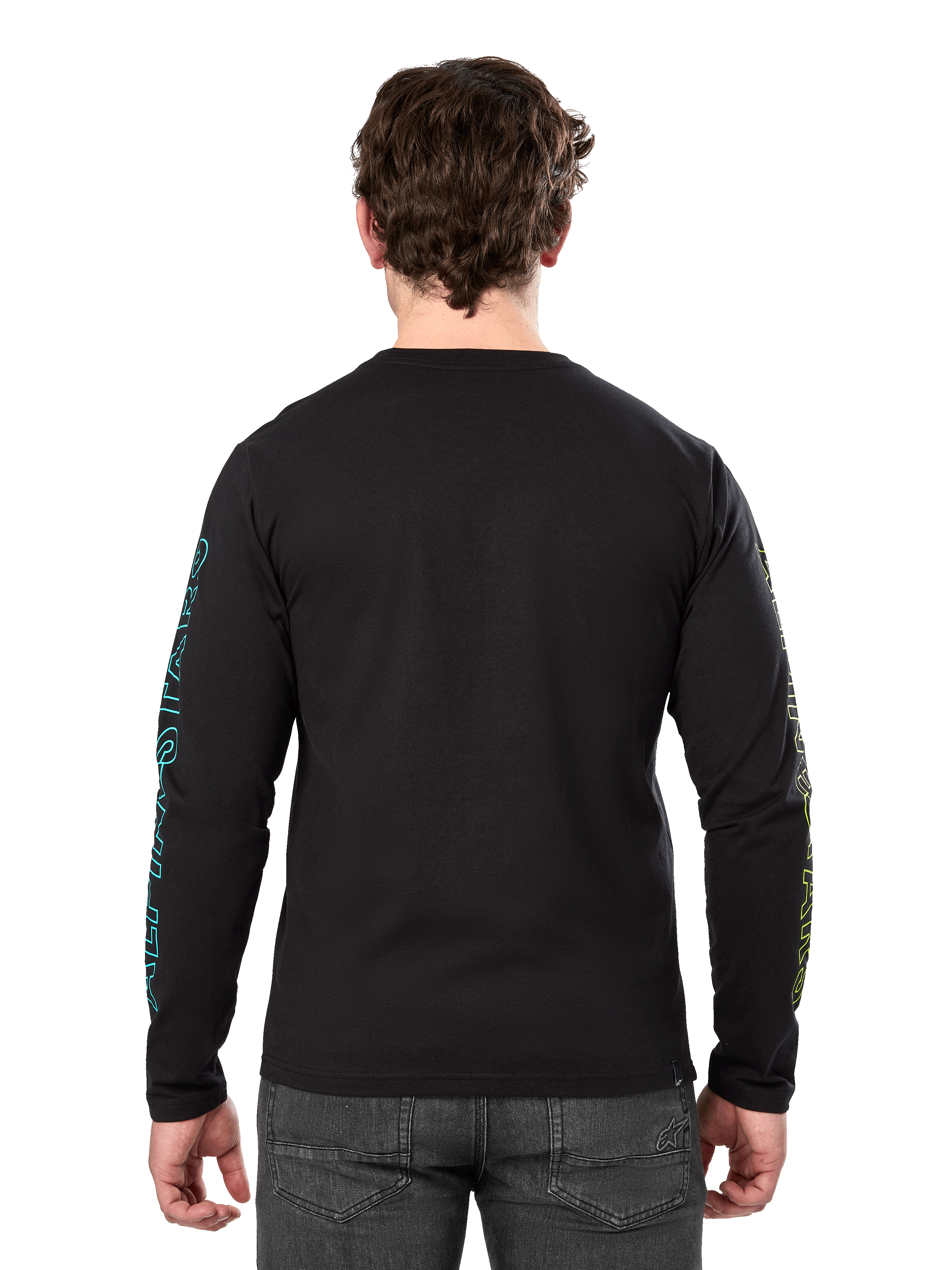 Alpinestars Ayess Csf Tee, Langarm-T-Shirt, Schwarz, Rückansicht mit blauen und gelben Grafikdrucken auf den Ärmeln, lässige Motorsport-Streetwear
