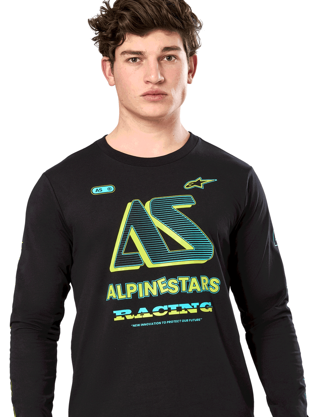Alpinestars Ayess Csf Tee, Langarm-T-Shirt, Schwarz, stilisierte AS-Grafik mit neongelben und blaugrünen Akzenten, ALPINESTARS RACING-Branding, lässige Motorsport-Streetwear
