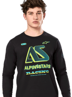 Alpinestars Ayess Csf Tee, Langarm-T-Shirt, Schwarz, stilisierte AS-Grafik mit neongelben und blaugrünen Akzenten, ALPINESTARS RACING-Branding, lässige Motorsport-Streetwear