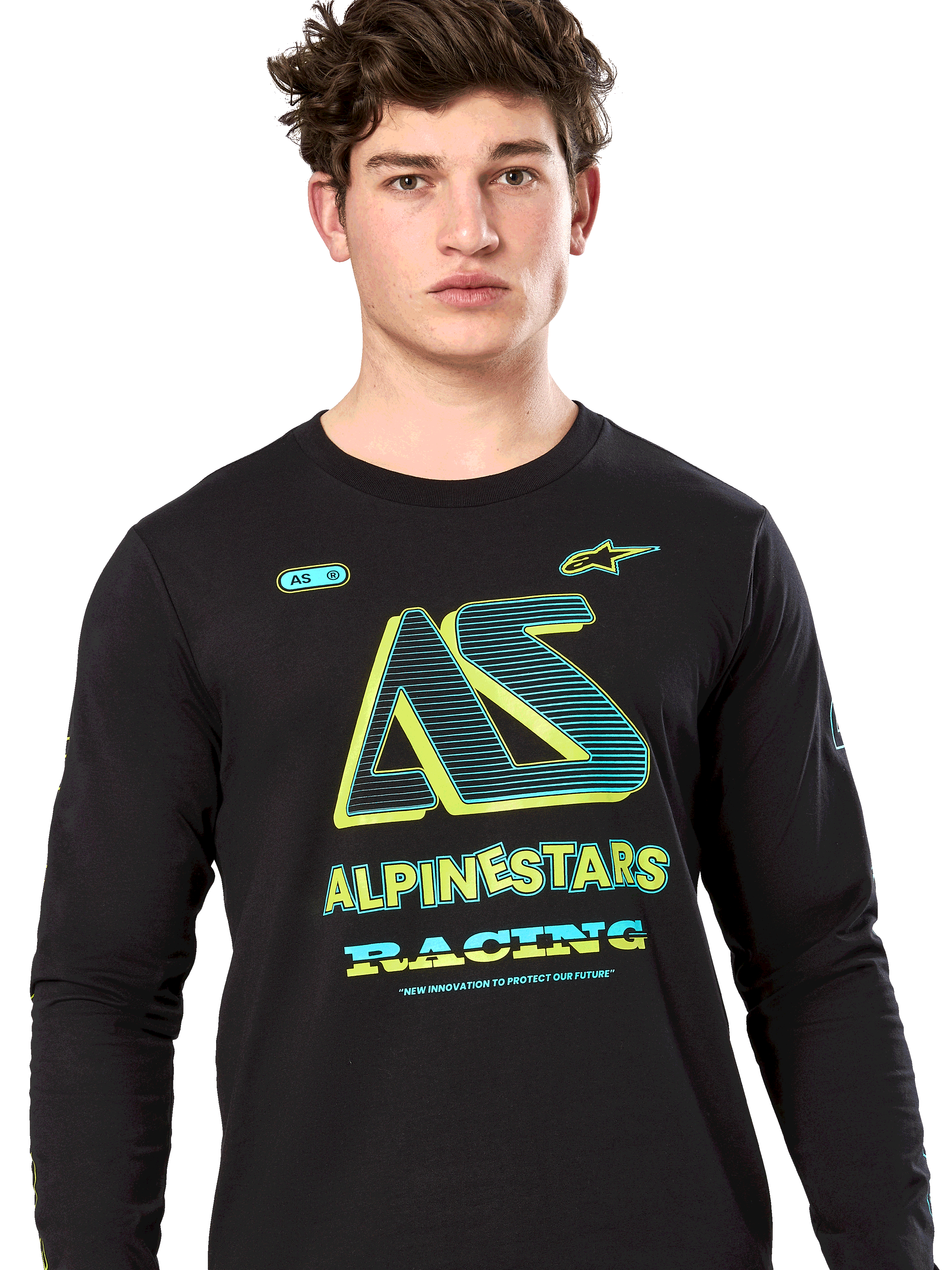 Alpinestars Ayess Csf Tee, Langarm-T-Shirt, Schwarz, stilisierte AS-Grafik mit neongelben und blaugrünen Akzenten, ALPINESTARS RACING-Branding, lässige Motorsport-Streetwear