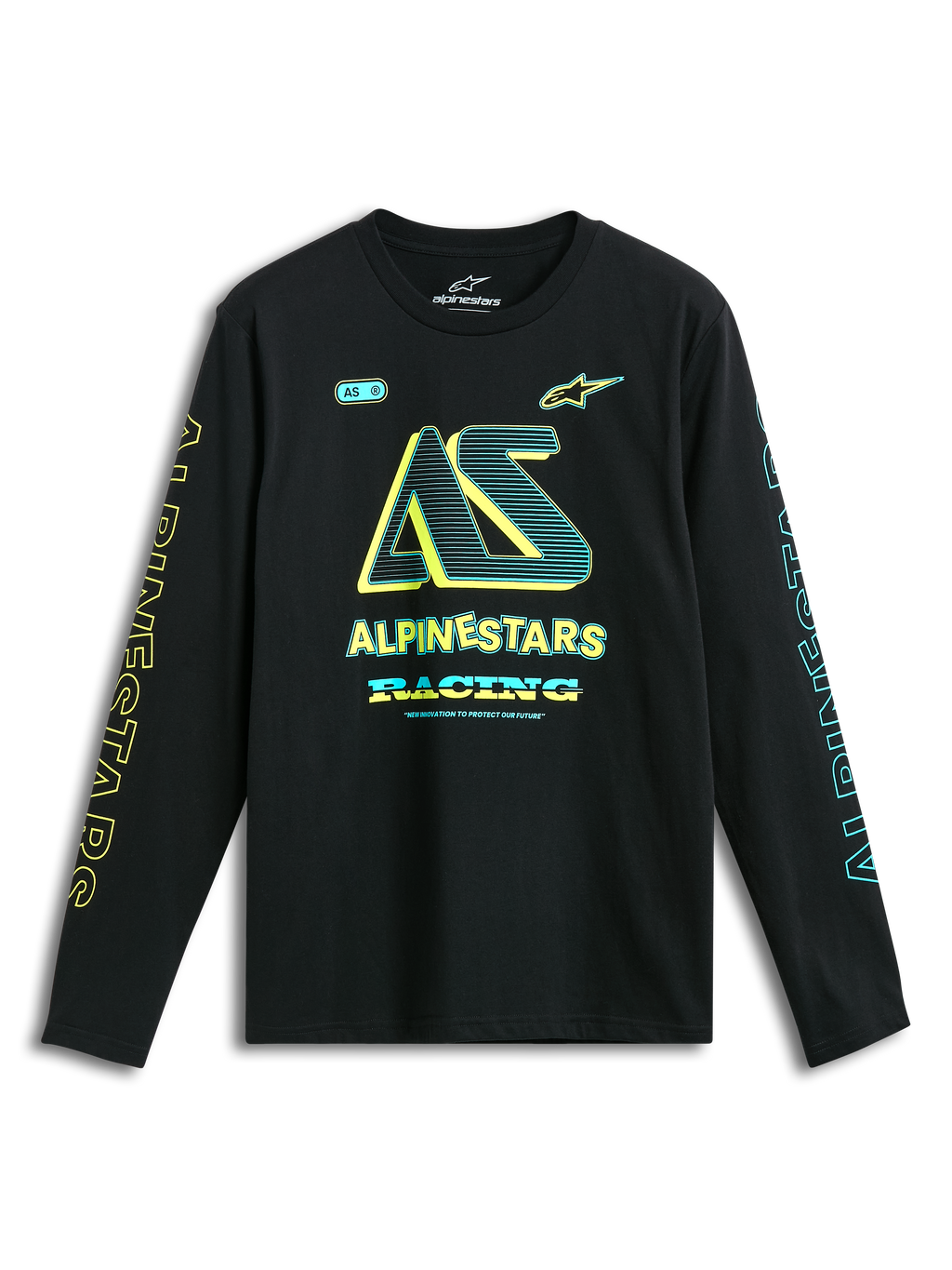 Alpinestars Ayess CSF Long Sleeve Tee, Black sportswear t-shirt featuring yellow and blue chest and sleeve logo graphics