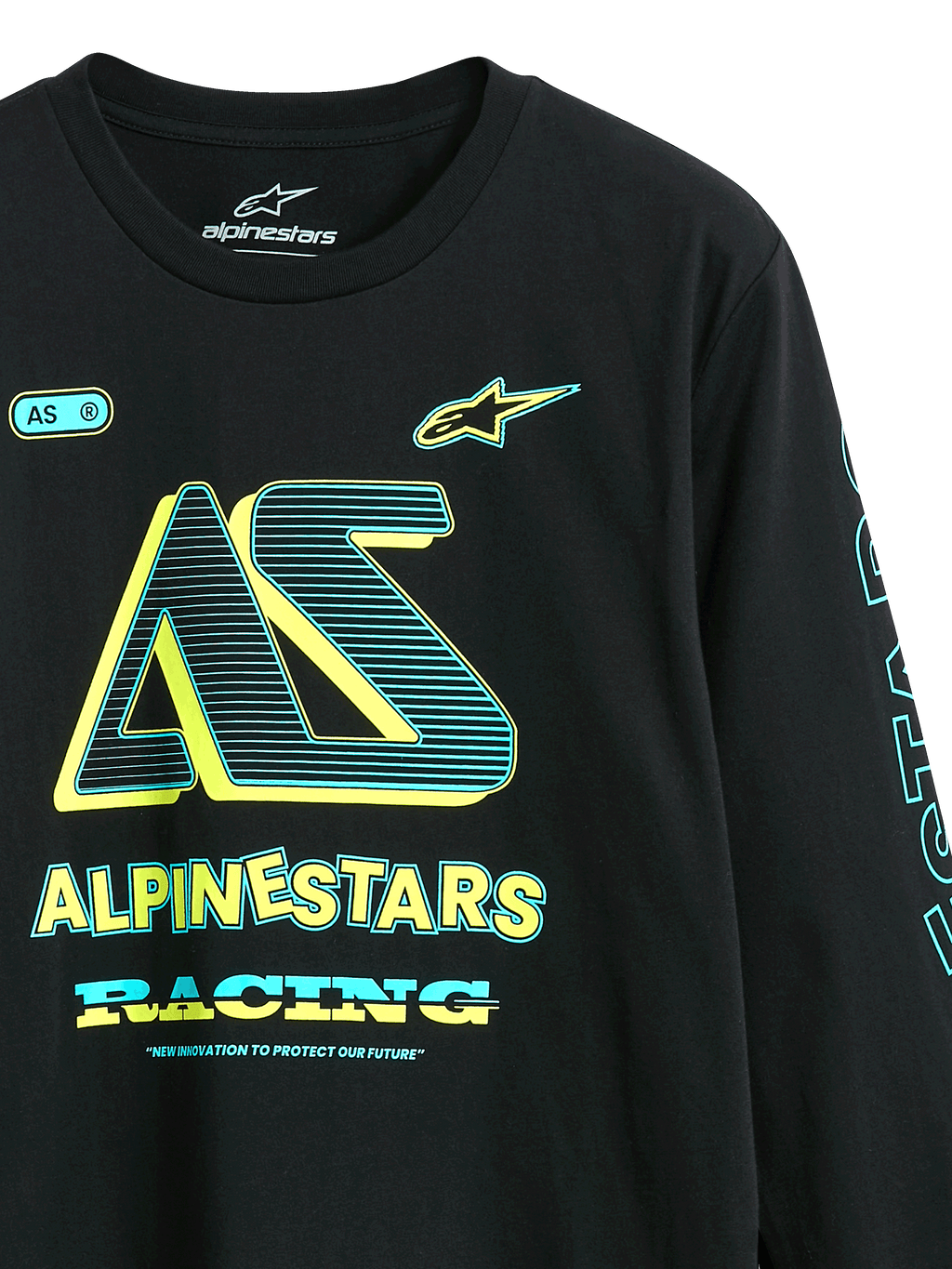 Alpinestars Ayess CSF Tee, Langarm-T-Shirt, Schwarz, Frontgrafik mit „AS“-Logo und „Alpinestars Racing“ in Gelb und Cyan, lässige vom Motorsport inspirierte Streetwear