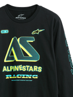 Alpinestars Ayess CSF Tee, Langarm-T-Shirt, Schwarz, Frontgrafik mit „AS“-Logo und „Alpinestars Racing“ in Gelb und Cyan, lässige vom Motorsport inspirierte Streetwear