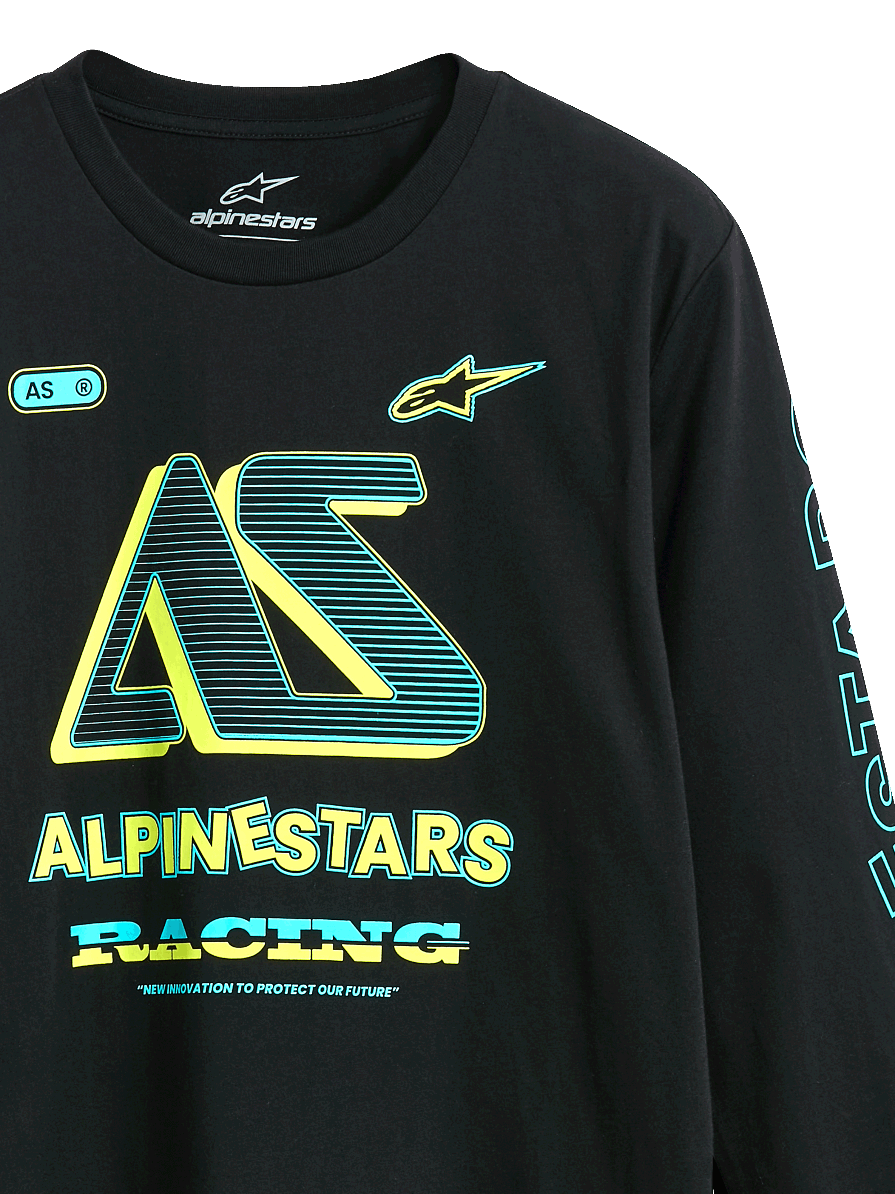 Alpinestars Ayess CSF Tee, Langarm-T-Shirt, Schwarz, Frontgrafik mit „AS“-Logo und „Alpinestars Racing“ in Gelb und Cyan, lässige vom Motorsport inspirierte Streetwear