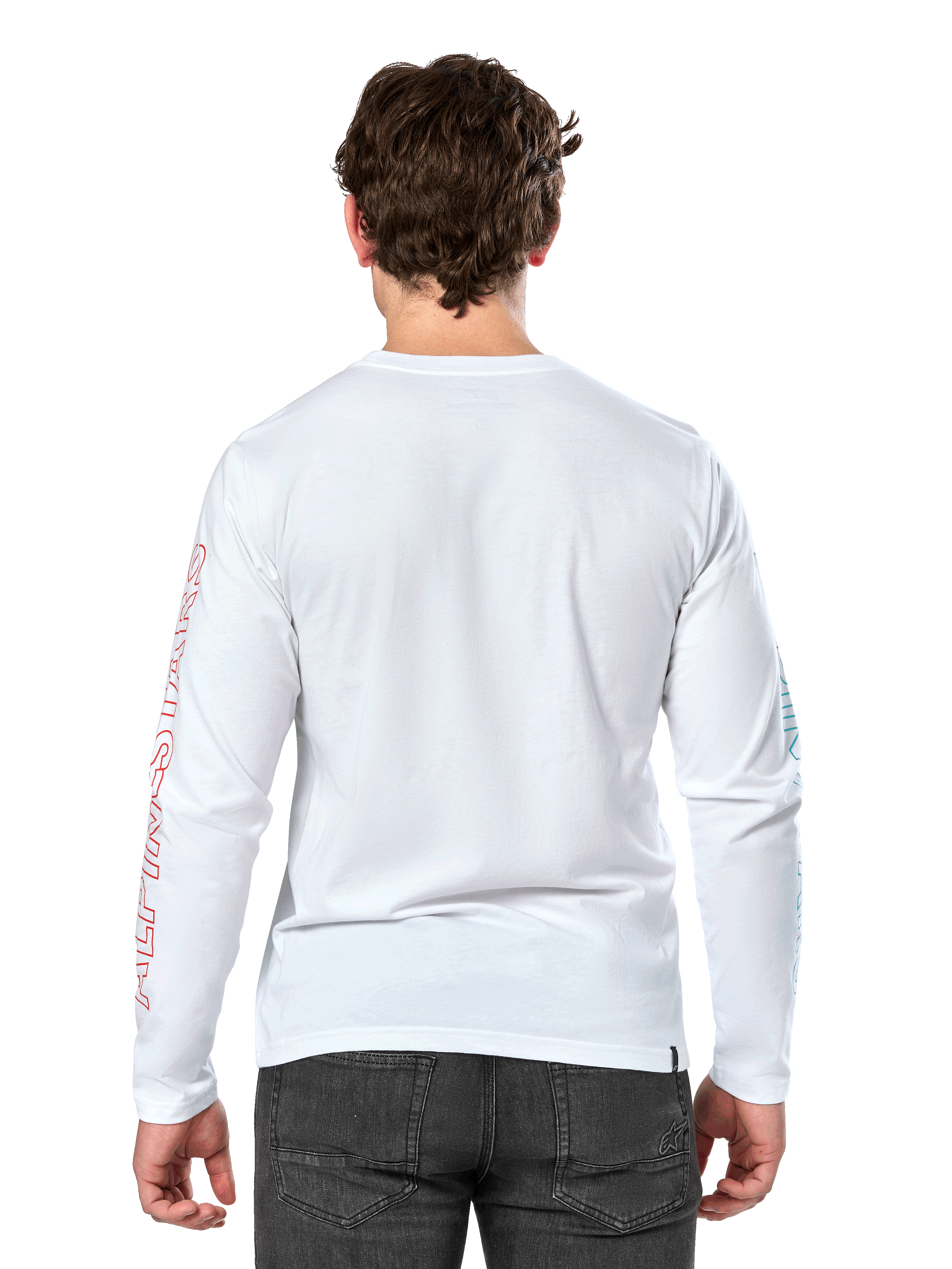 Alpinestars Ayess Csf Tee, Langarm-T-Shirt, Weiß, Rückansicht, mit rotem Alpinestars-Schriftzug auf dem rechten Ärmel und blauen Grafiken auf dem linken Ärmel, lässige motorsport-inspirierte Streetwear