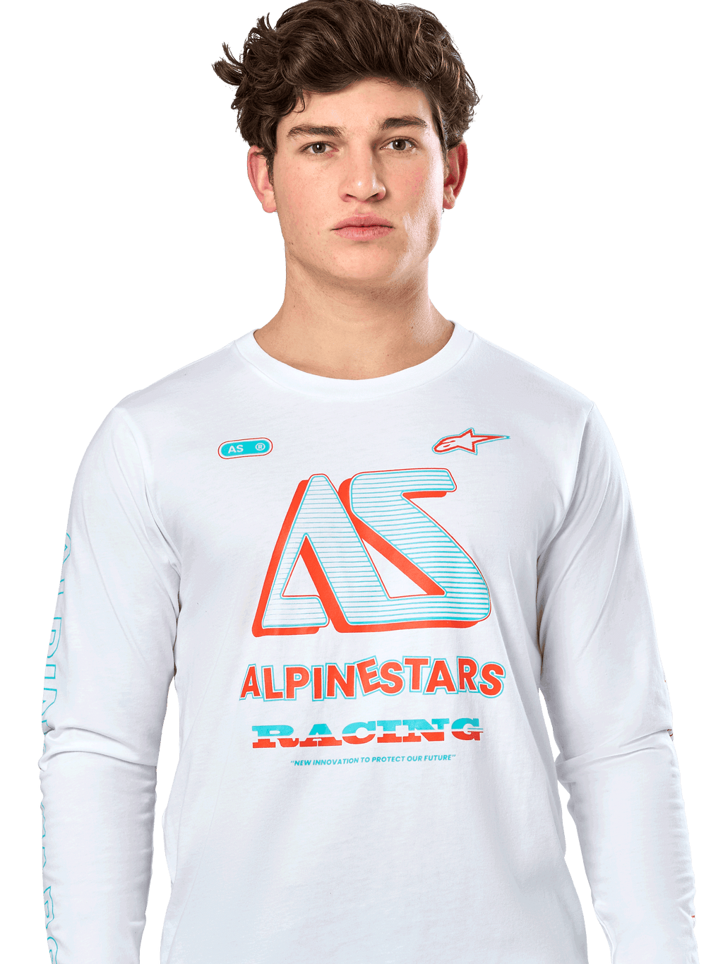 Alpinestars Ayess CSF Langarm-T-Shirt, Weiß, mit einer großen teal- und orangefarbenen „AS“-Grafik sowie „ALPINESTARS RACING“-Schriftzug, lässige Motorsport-Streetwear