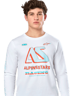 Alpinestars Ayess CSF Langarm-T-Shirt, Weiß, mit einer großen teal- und orangefarbenen „AS“-Grafik sowie „ALPINESTARS RACING“-Schriftzug, lässige Motorsport-Streetwear