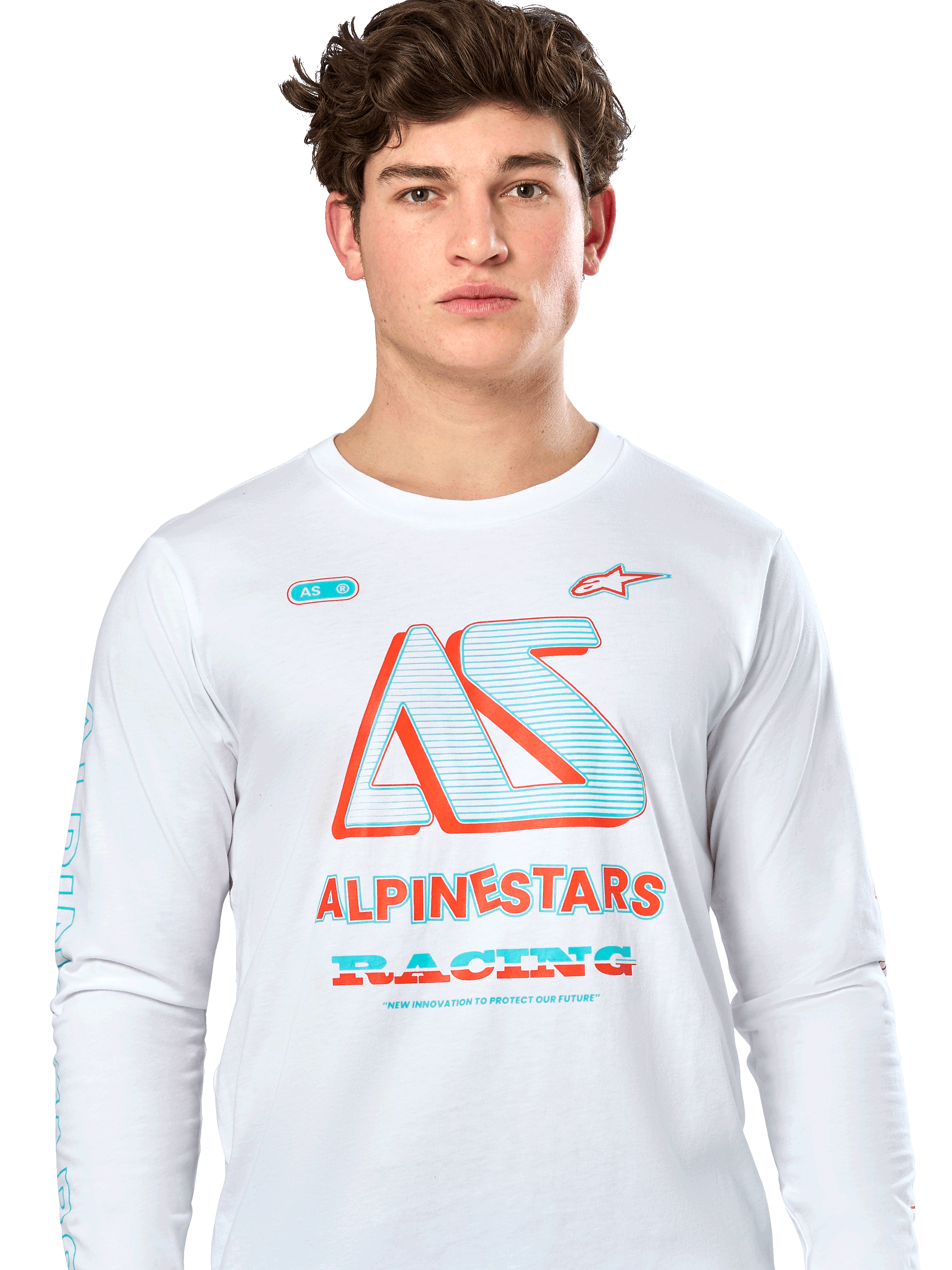 Alpinestars Ayess CSF Langarm-T-Shirt, Weiß, mit einer großen teal- und orangefarbenen „AS“-Grafik sowie „ALPINESTARS RACING“-Schriftzug, lässige Motorsport-Streetwear