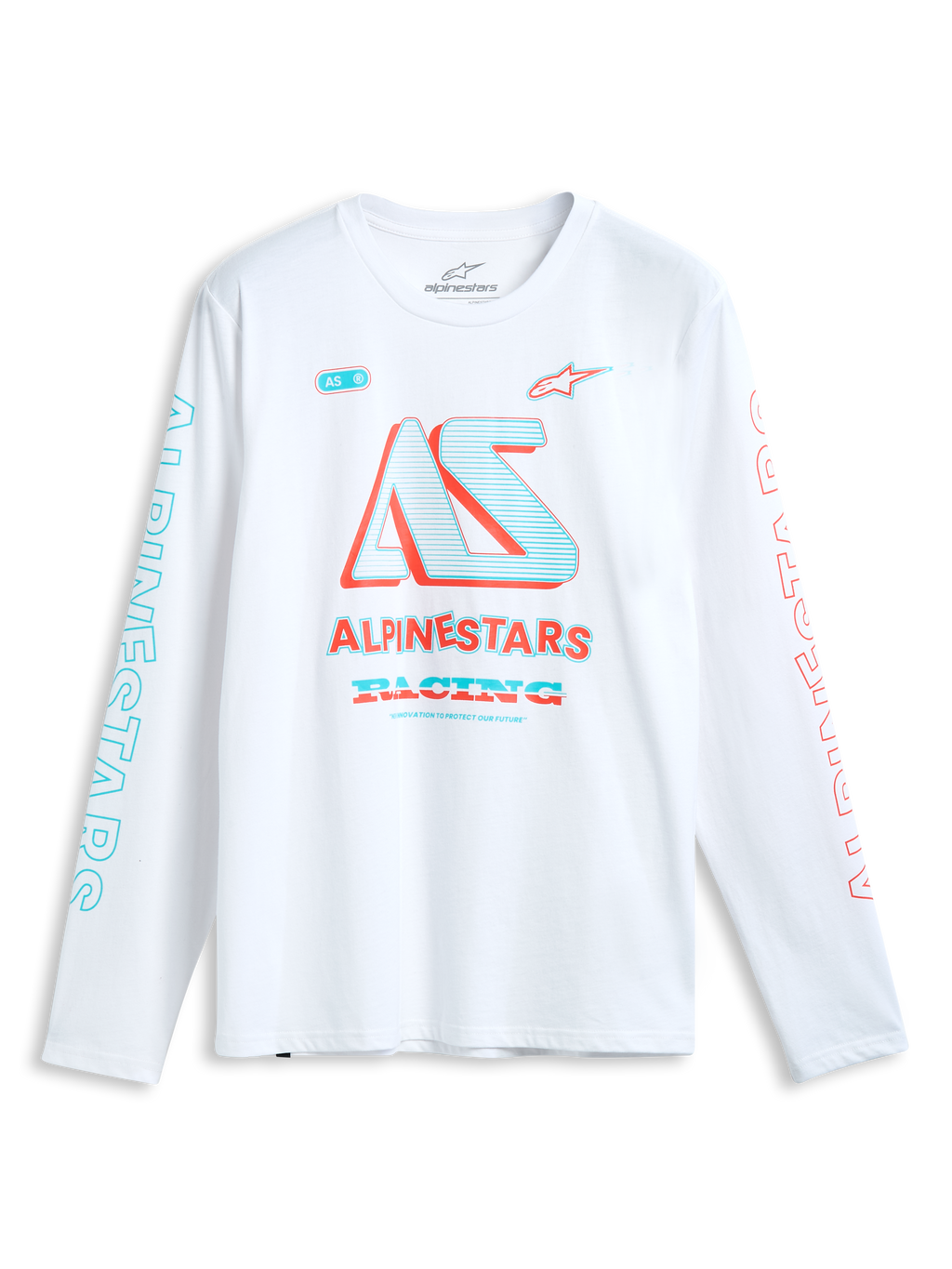 Alpinestars Ayess Csf T-Shirt, weißes Langarm-Sportswear-T-Shirt mit mehrfarbigen Racing-Grafiken auf der Brust und den Ärmeln.