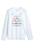Alpinestars Ayess Csf T-Shirt, weißes Langarm-Sportswear-T-Shirt mit mehrfarbigen Racing-Grafiken auf der Brust und den Ärmeln.