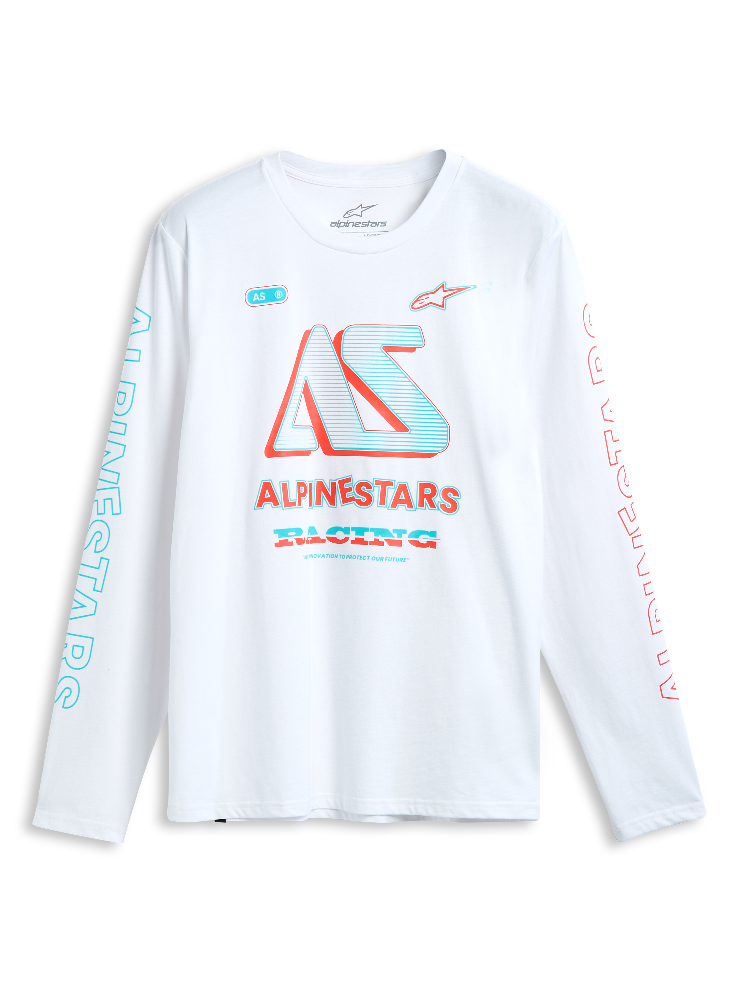 Alpinestars Ayess Csf T-Shirt, weißes Langarm-Sportswear-T-Shirt mit mehrfarbigen Racing-Grafiken auf der Brust und den Ärmeln.