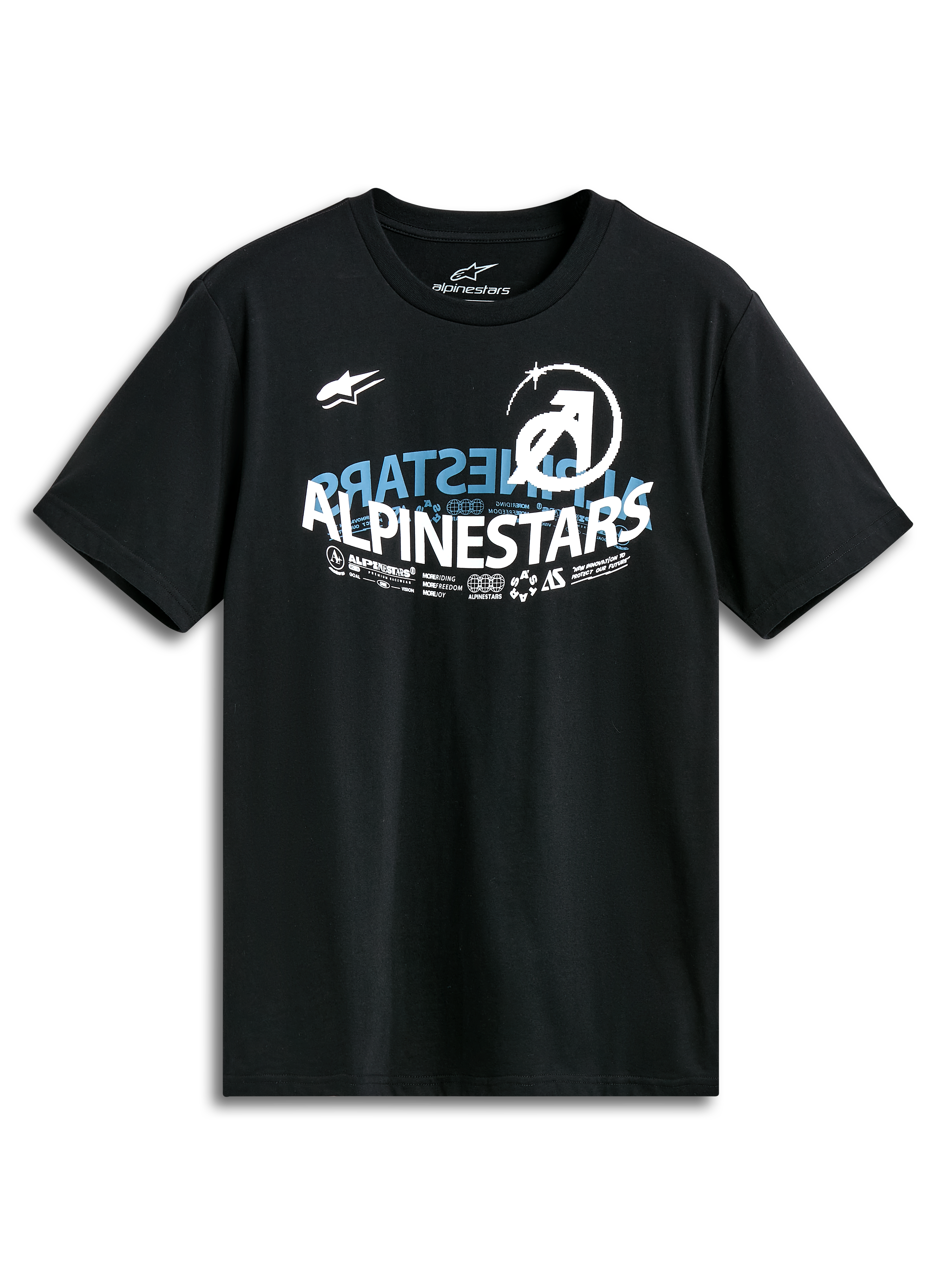 Alpinestars Semicircle Csf Tee, Kurzarm-T-Shirt, Schwarz, Alpinestars-Halbkreisgrafik auf der Vorderseite mit blauen und weißen Akzenten, lässiges vom Motorsport inspiriertes Design