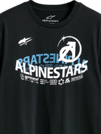 Alpinestars Semicircle CSF Tee, Kurzarm-T-Shirt, Schwarz, mit einer komplexen, geschwungenen Alpinestars-Grafik in Weiß und Blau, technischen Icons und Slogans, Casual Motorsport Streetwear