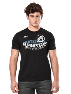 Alpinestars Semicircle CSF Tee, Kurzarm-T-Shirt, Schwarz, weiß-blaue halbkreisförmig geschwungene Alpinestars-Grafik auf der Brust, Casual Motorsport Streetwear