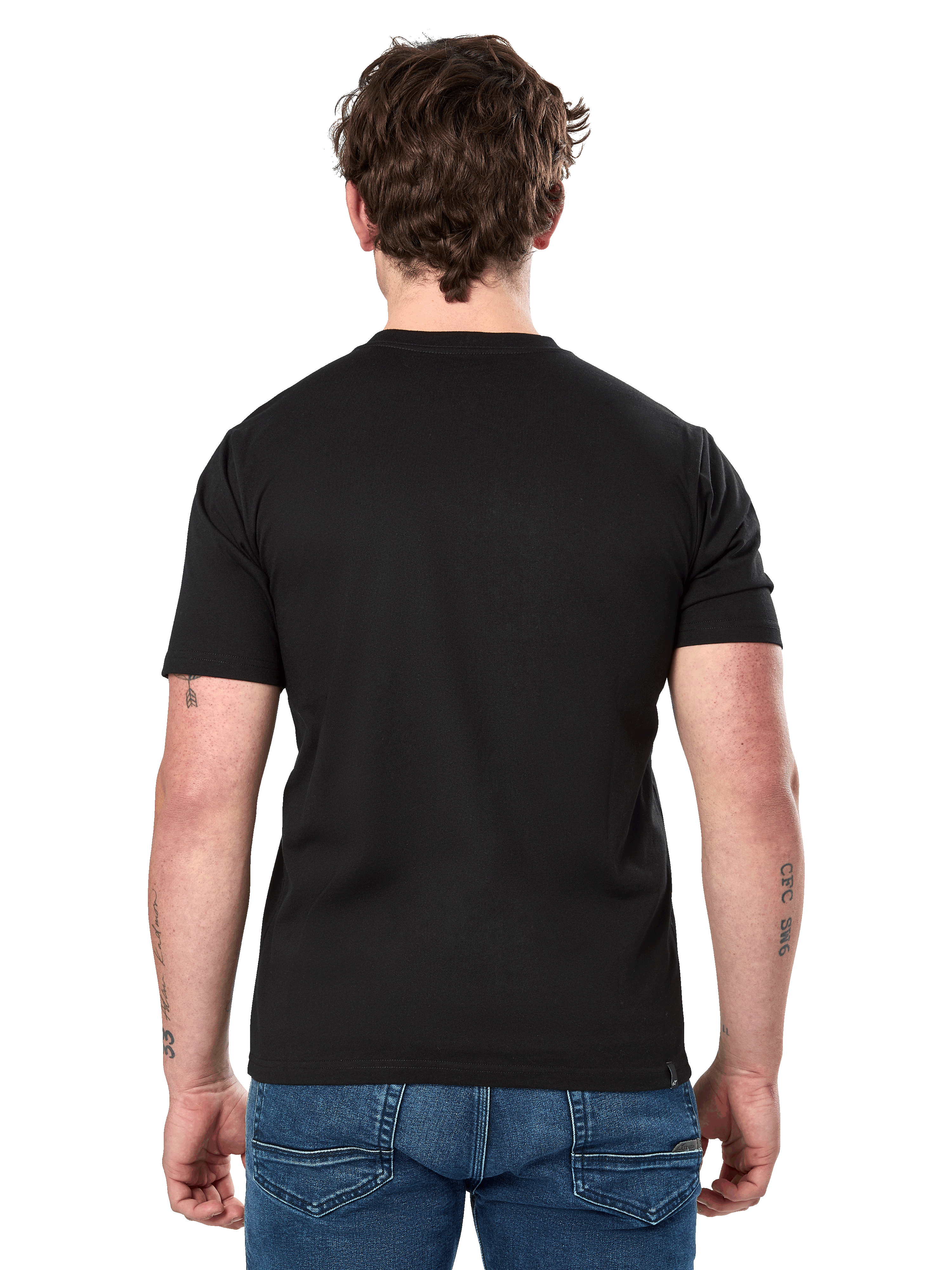 Alpinestars Cereal CSF Tee, Kurzarm-T-Shirt, Schwarz, Rückansicht, getragen mit blauen Jeans, lässige Motorsport-inspirierte Streetwear