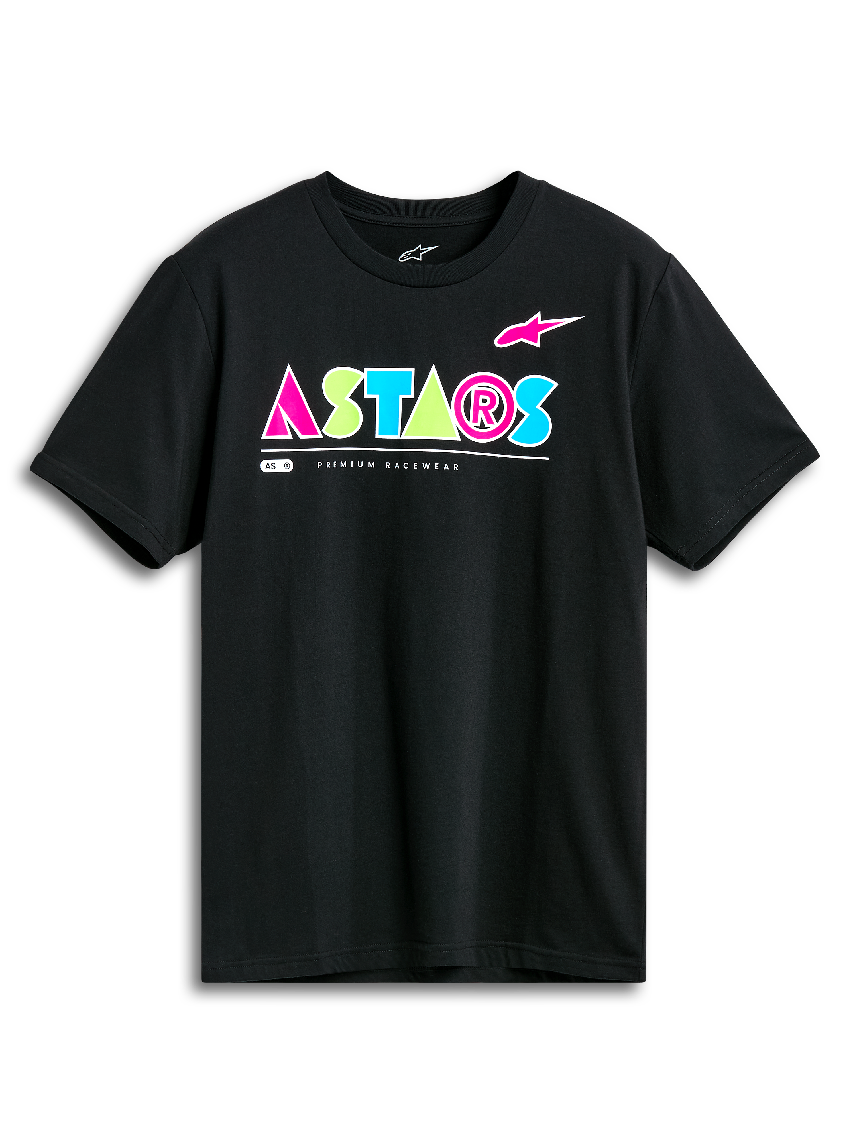 Alpinestars Cereal CSF Tee, Kurzarm-T-Shirt, Schwarz, auffälliges geometrisches ASTARS-Logo in Pink, Limettengrün und Hellblau, lässige Motorsport-Streetwear