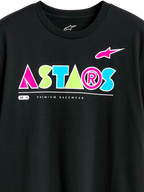 Alpinestars Cereal CSF Tee, Kurzarm-T-Shirt, Schwarz, farbenfrohes geometrisches ASTARS-Logo mit Akzenten in Pink, Grün und Blau, „Premium Racewear“-Schriftzug, lässige Motorsport-Streetwear