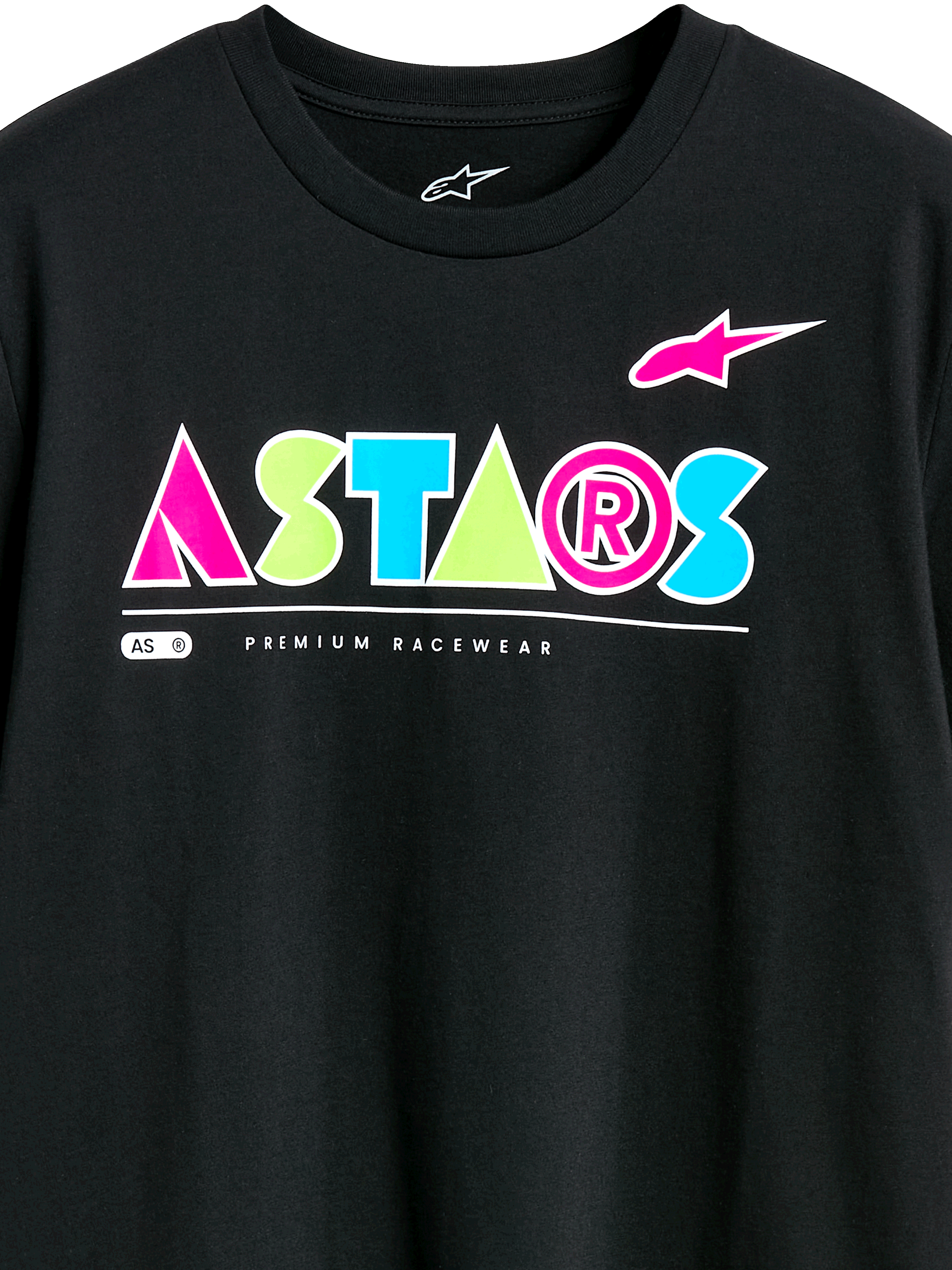 Alpinestars Cereal CSF Tee, Kurzarm-T-Shirt, Schwarz, farbenfrohes geometrisches ASTARS-Logo mit Akzenten in Pink, Grün und Blau, „Premium Racewear“-Schriftzug, lässige Motorsport-Streetwear