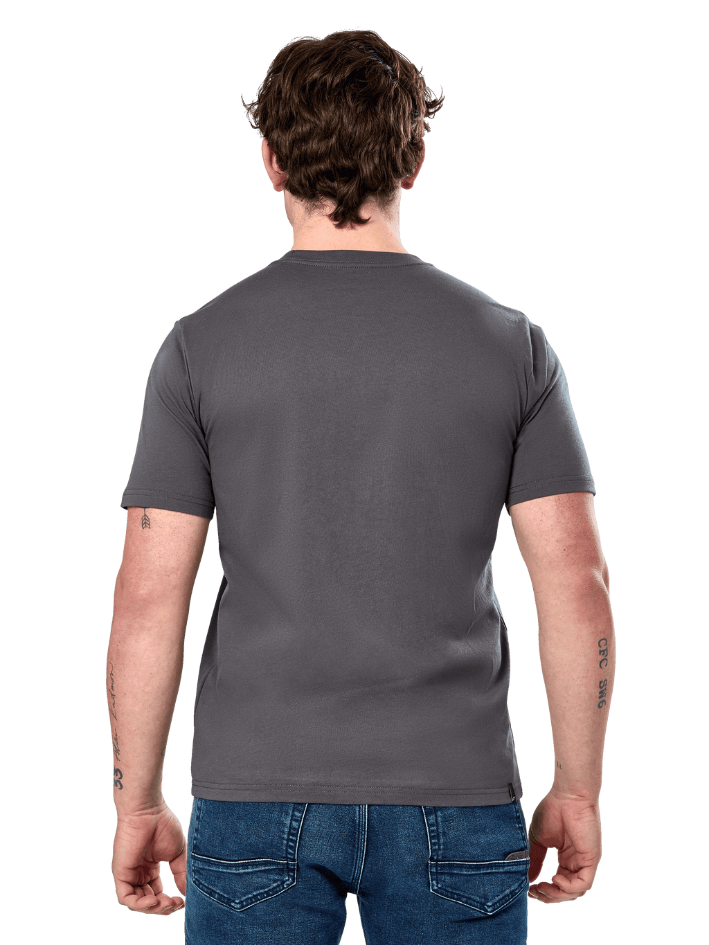 Alpinestars Cereal CSF T-Shirt, kurzärmeliges T-Shirt, Anthrazit, Rückansicht, getragen von einem Model mit blauen Jeans, lässige Motorsport-inspirierte Streetwear