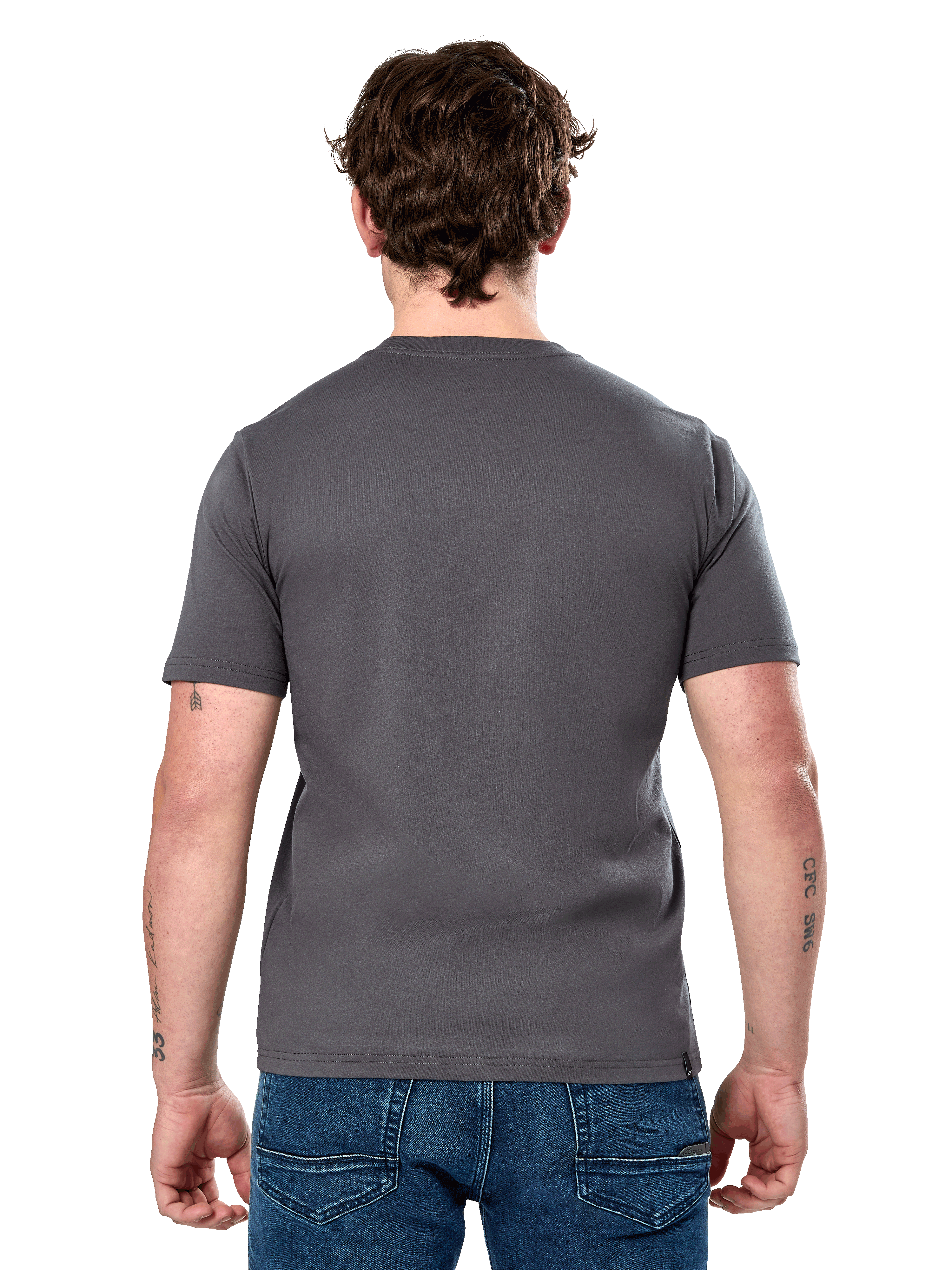 Alpinestars Cereal CSF T-Shirt, kurzärmeliges T-Shirt, Anthrazit, Rückansicht, getragen von einem Model mit blauen Jeans, lässige Motorsport-inspirierte Streetwear