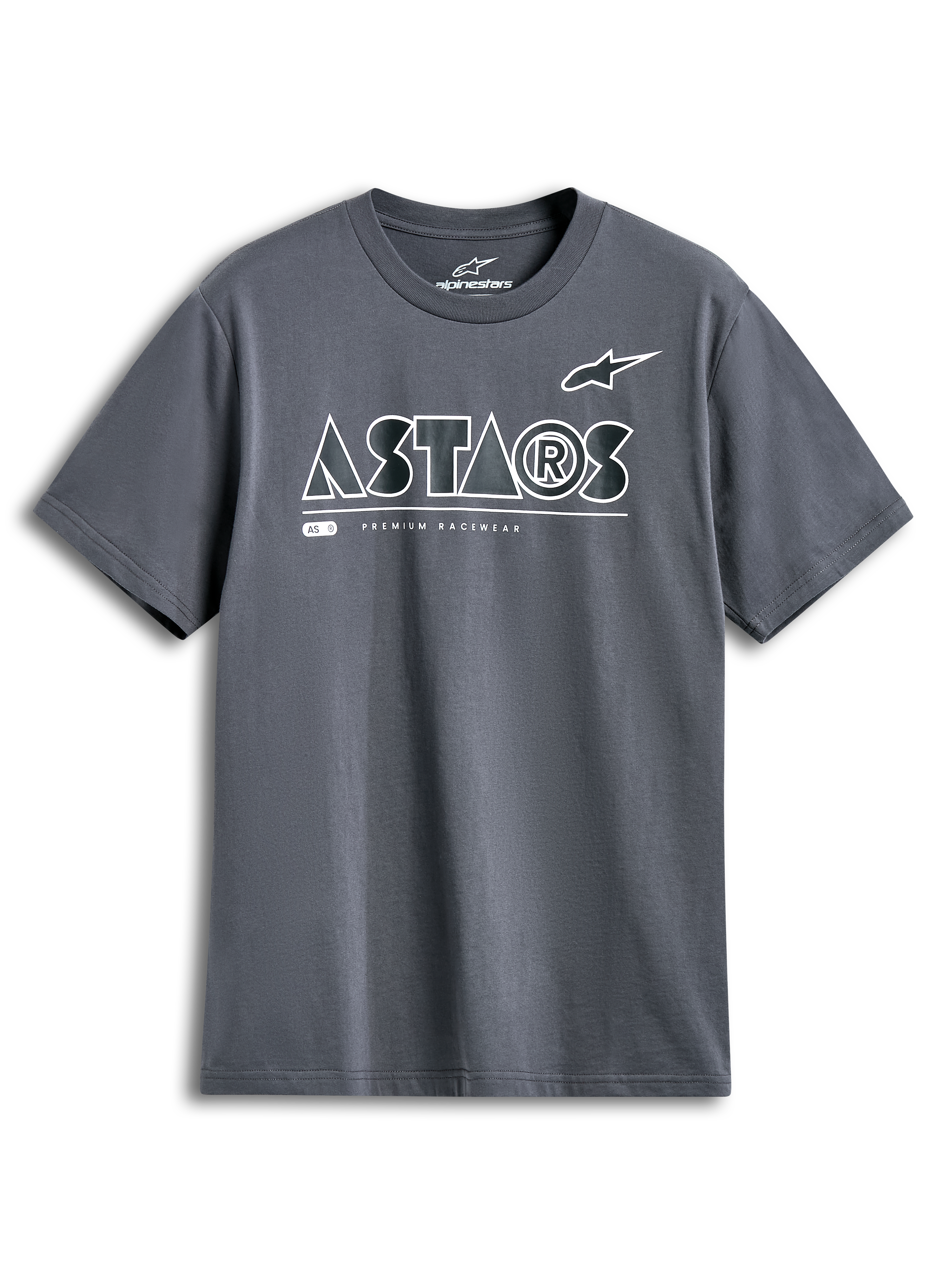 Alpinestars Cereal CSF Tee, Kurzarm-T-Shirt, Charcoal, weißes geometrisches ASTARS-Logo mit Premium Racewear Text, lässige Motorsport-Streetwear