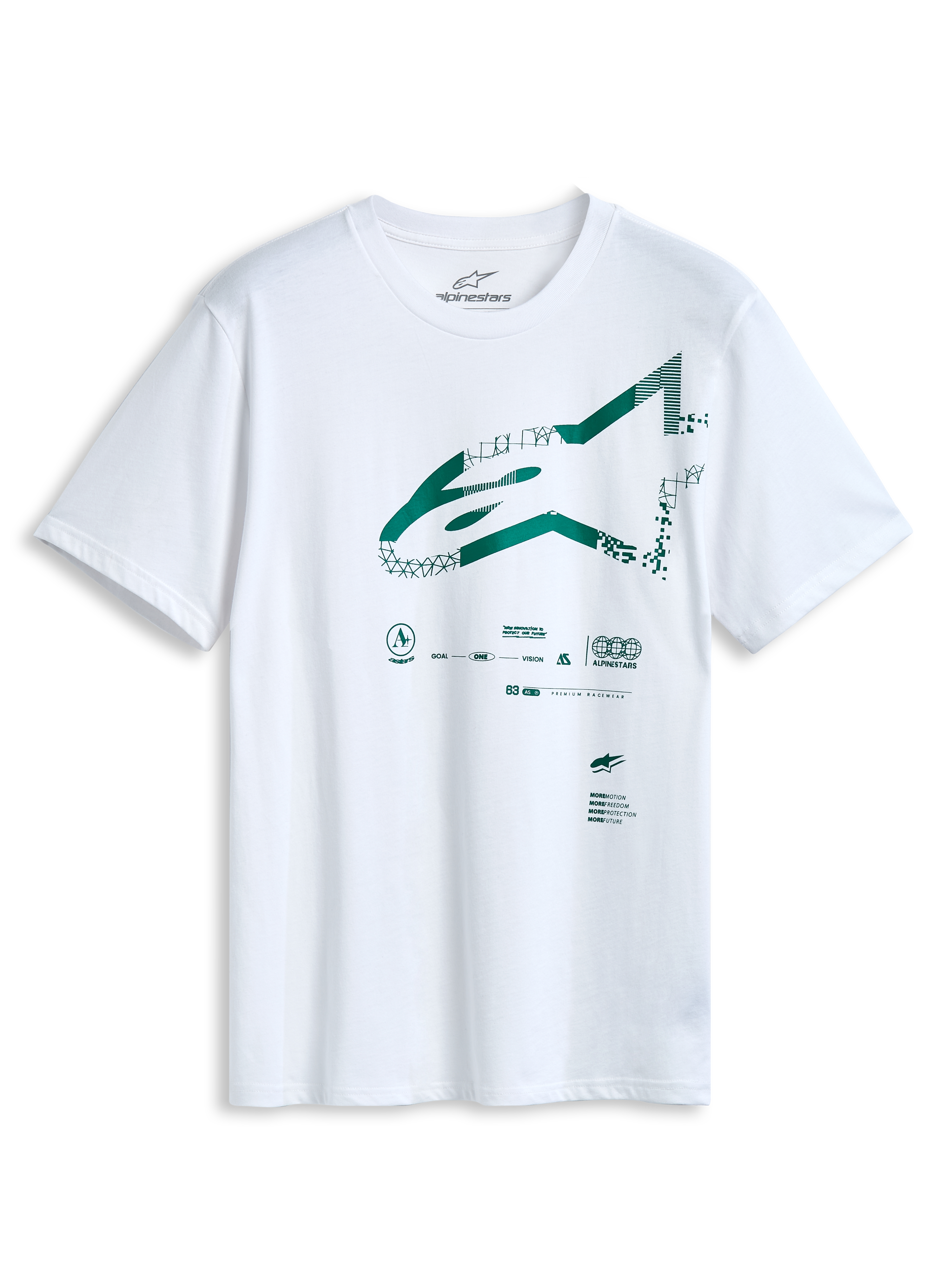 Alpinestars Geografica CSF T-Shirt, Kurzarm-T-Shirt, Weiß, grünes Astars-Logo auf der Vorderseite mit Multi-Tech-Grafik, Legere Motorsport-Sportbekleidung