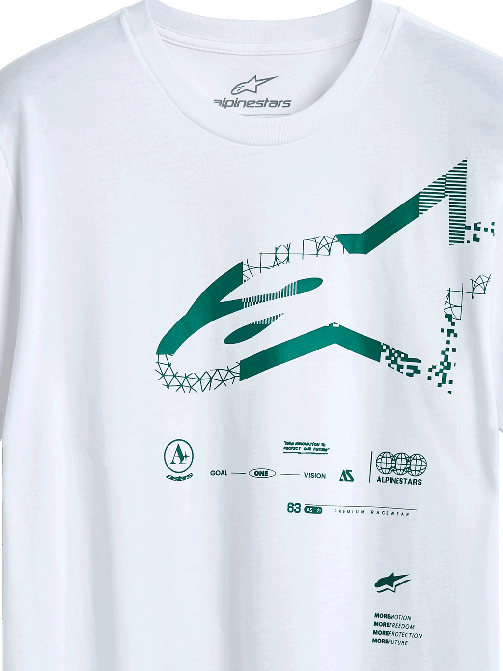 Alpinestars Geografica CSF T-Shirt, Kurzarm-T-Shirt, Weiß, grünes Multi-Tech Astars-Logo mit geometrischen und pixeligen Grafiken, lässige Motorsport-Streetwear