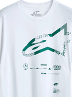 Alpinestars Geografica CSF T-Shirt, Kurzarm-T-Shirt, Weiß, grünes Multi-Tech Astars-Logo mit geometrischen und pixeligen Grafiken, lässige Motorsport-Streetwear