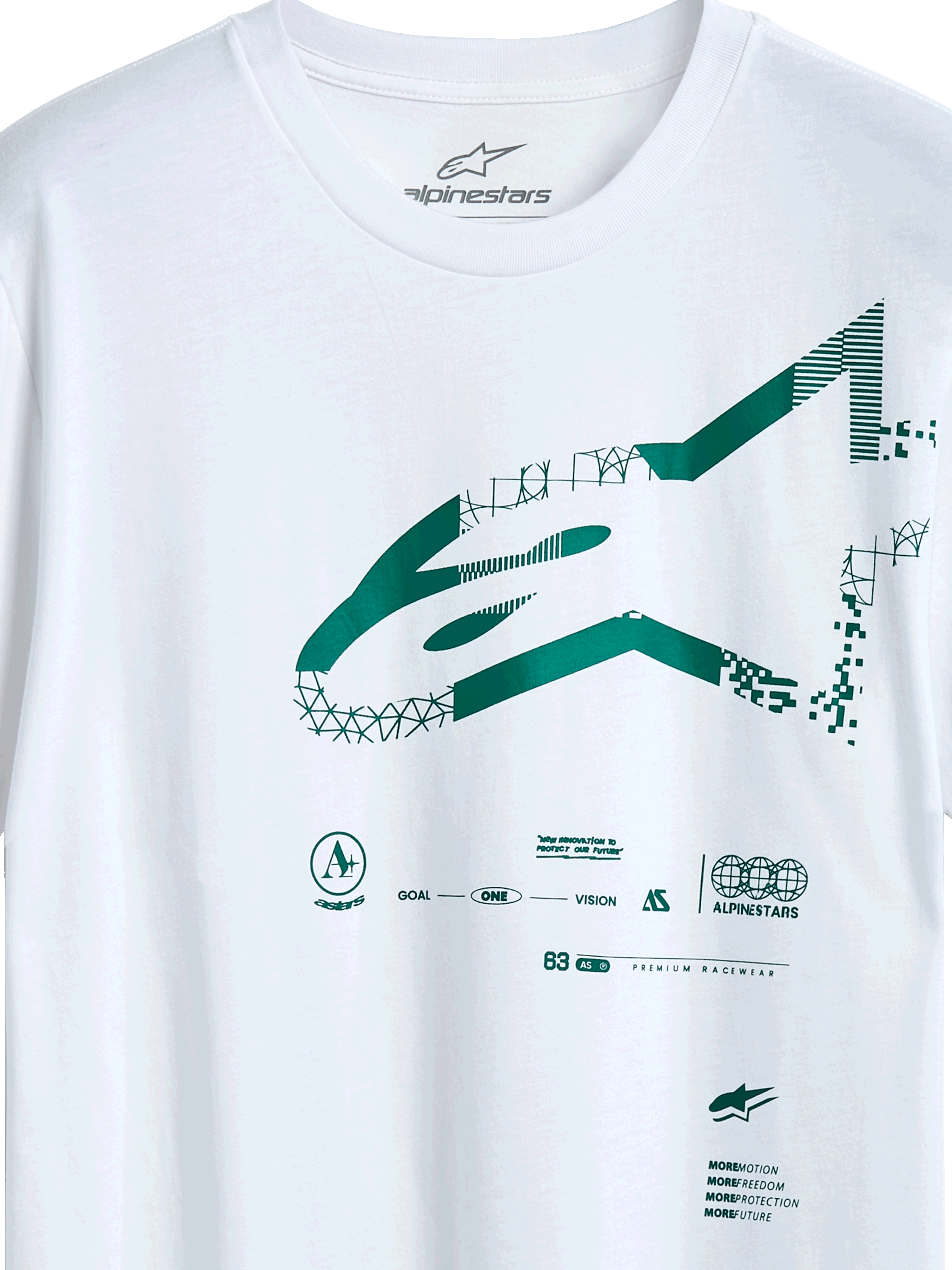 Alpinestars Geografica CSF T-Shirt, Kurzarm-T-Shirt, Weiß, grünes Multi-Tech Astars-Logo mit geometrischen und pixeligen Grafiken, lässige Motorsport-Streetwear