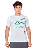 Alpinestars Geografica CSF Tee, weißes Kurzarm-T-Shirt mit grüner Multi-Tech Astars-Grafik und technischen Symbolen, lässige Motorsport-Sportbekleidung