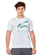 Alpinestars Geografica CSF Tee, weißes Kurzarm-T-Shirt mit grüner Multi-Tech Astars-Grafik und technischen Symbolen, lässige Motorsport-Sportbekleidung