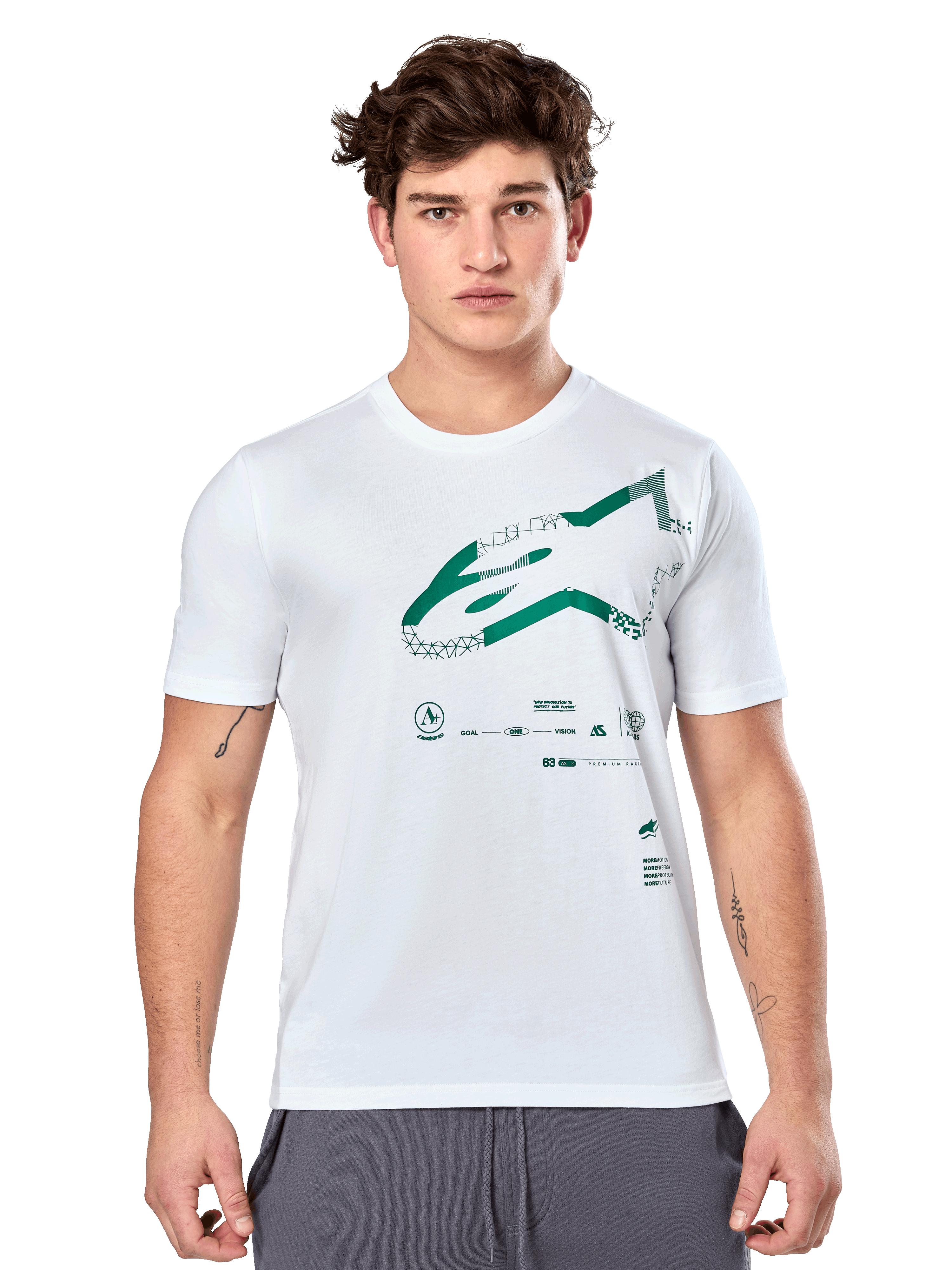 Alpinestars Geografica CSF Tee, White Short Sleeve T-Shirt with Green Multi-Tech Astars Graphic and Technical Symbols, Casual Motorsport Sportswear