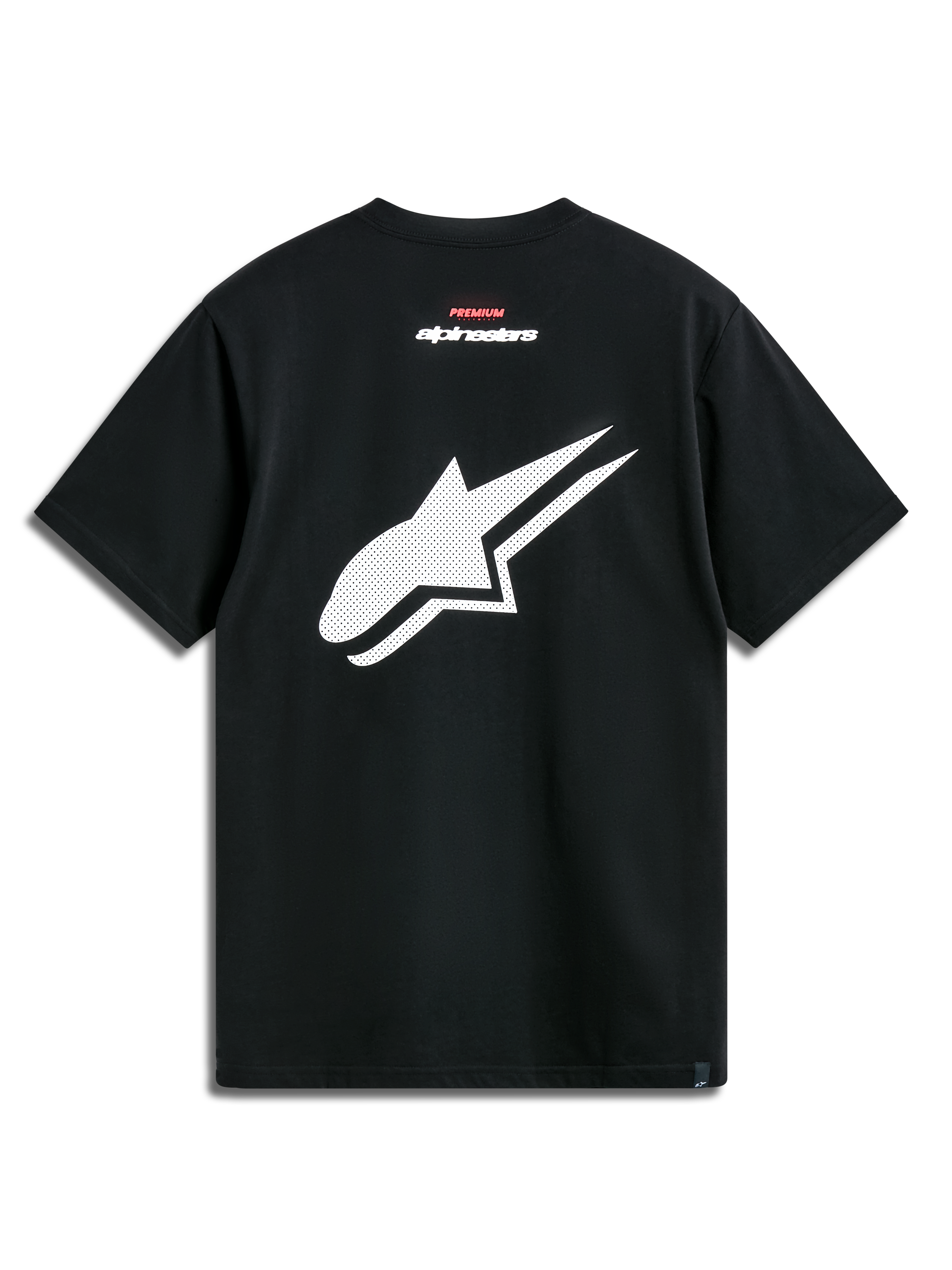 Alpinestars Formulate Csf Tee, Kurzarm-T-Shirt, Schwarz, Rückansicht mit einem großen, weiß perforierten Astars-Logo und rot-weißem Text-Branding, lässige Motorsport-Streetwear