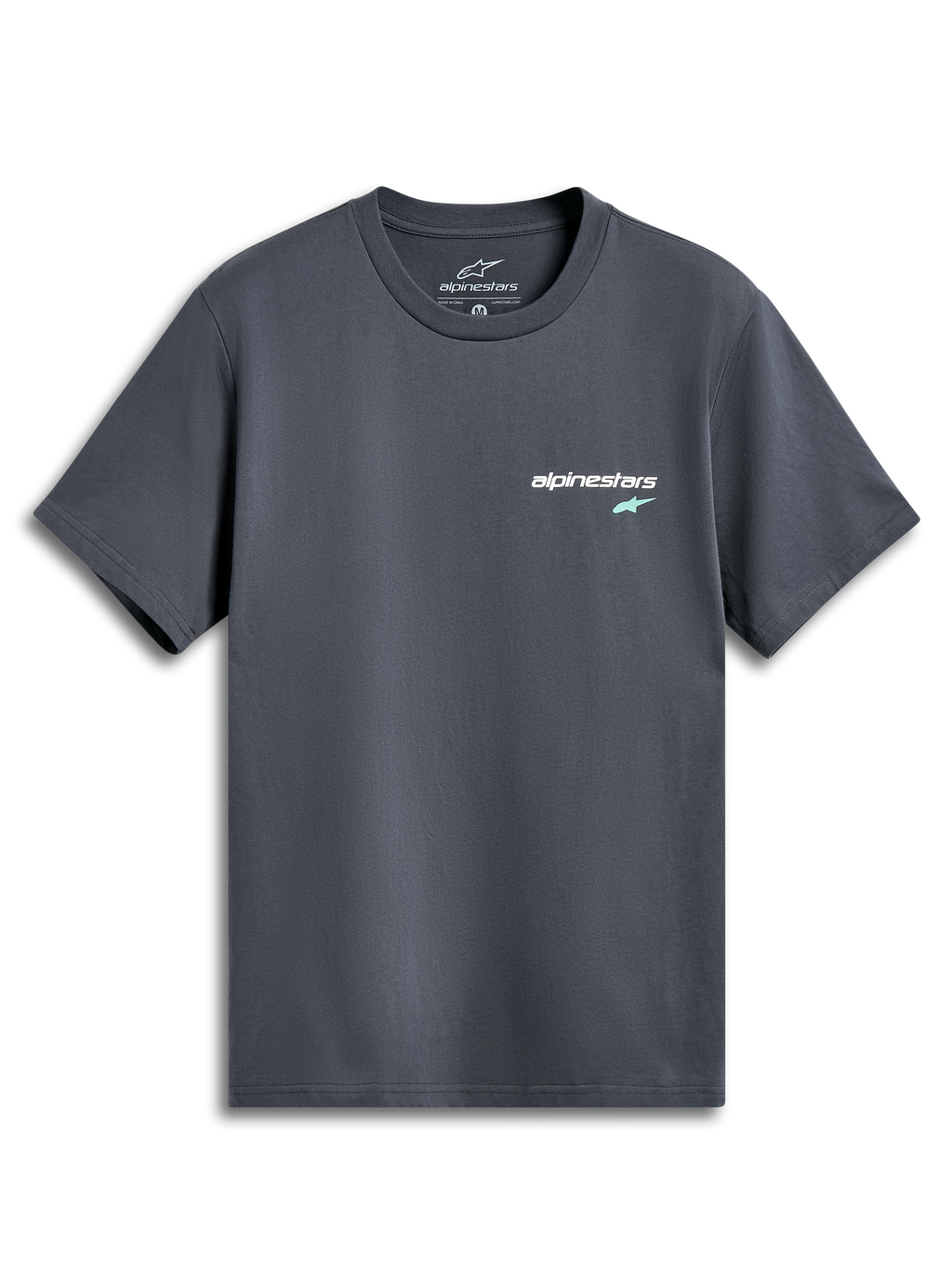 Alpinestars No Barrier CSF Tee, Kurzarm-T-Shirt, Anthrazitgrau, kleines weißes Textlogo mit mintgrünem Stern auf der Brust, lässige vom Motorsport inspirierte Streetwear
