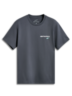 Alpinestars No Barrier CSF Tee, Kurzarm-T-Shirt, Anthrazitgrau, kleines weißes Textlogo mit mintgrünem Stern auf der Brust, lässige vom Motorsport inspirierte Streetwear
